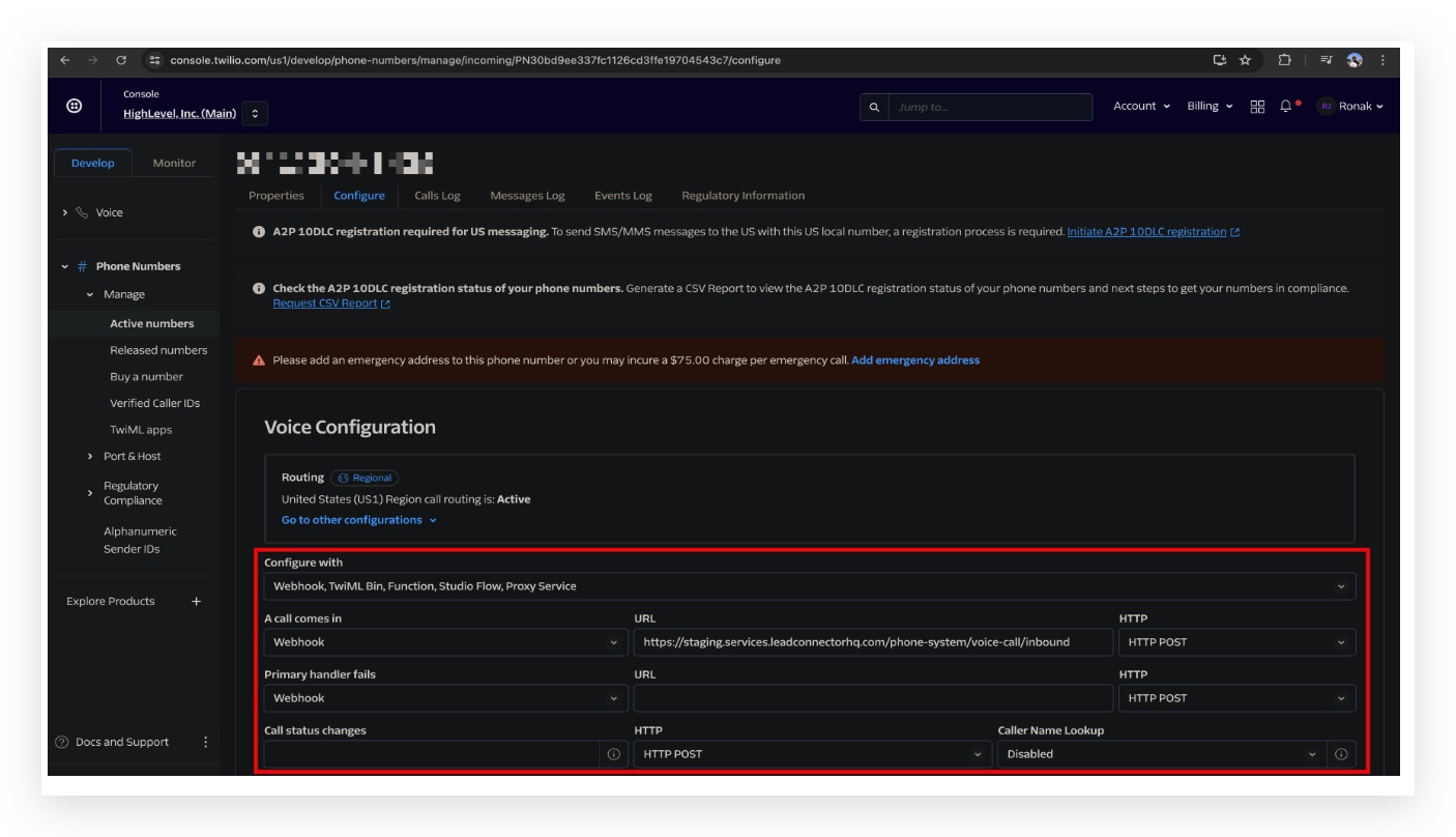 Schermata Voice Configuration su Twilio