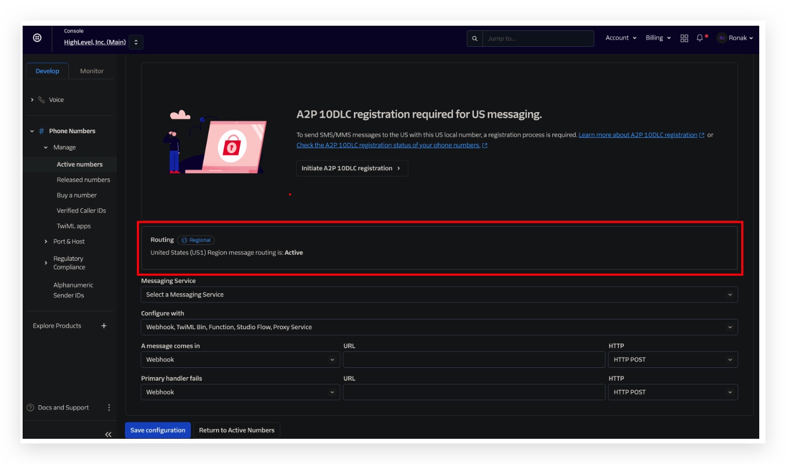 Schermata Messaging Service - regione di instradamento US1 su Twilio
