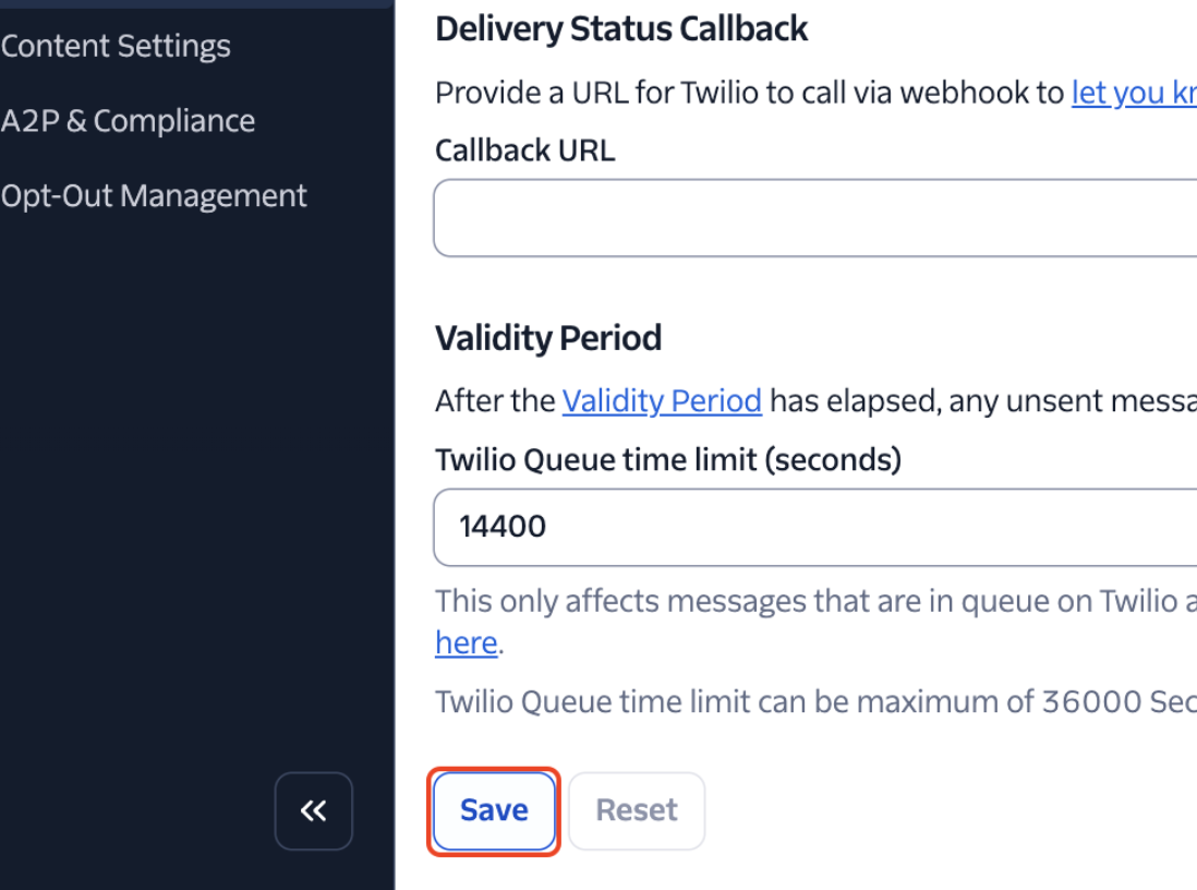 Schermata pulsante Save su Twilio