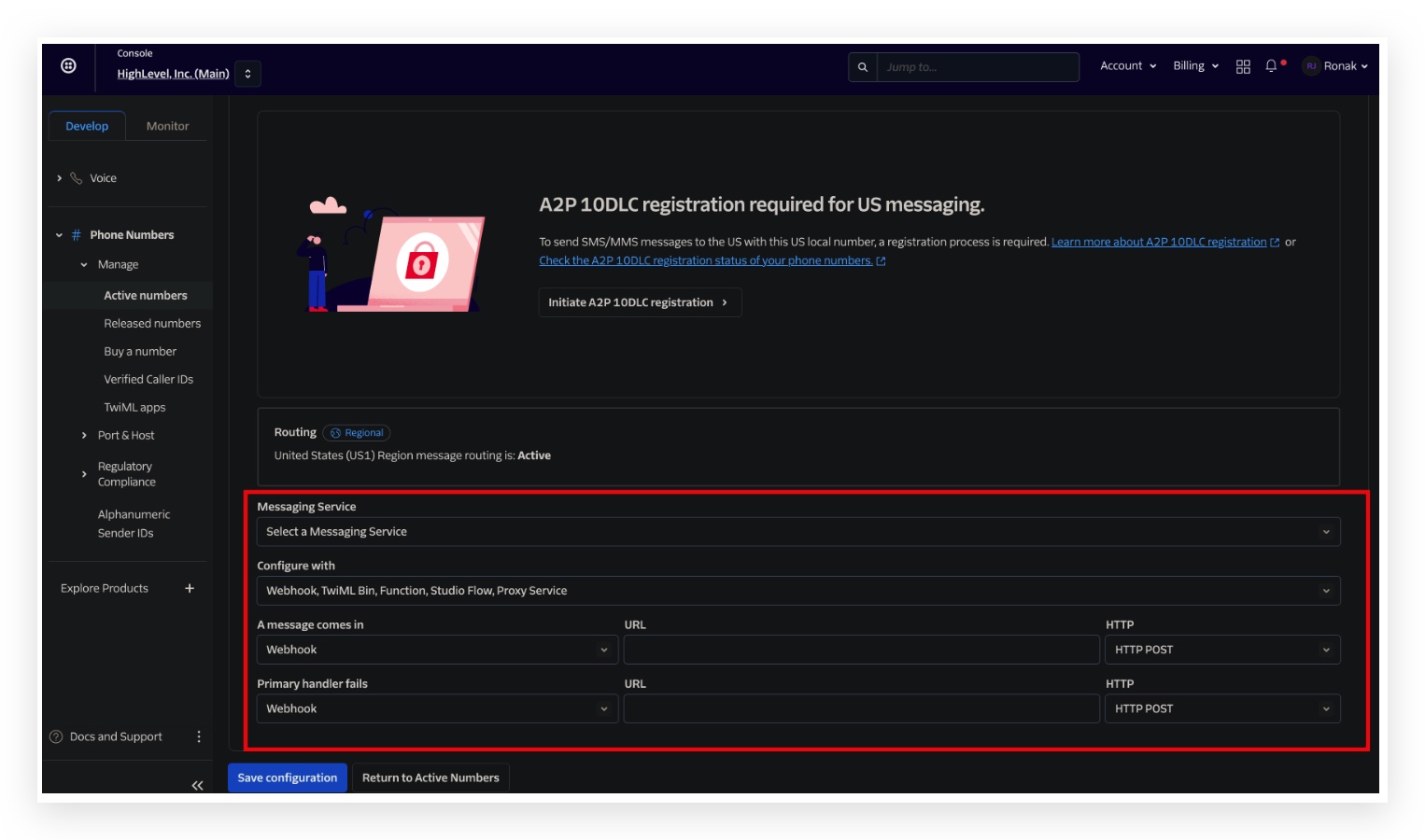 Schermata configurazione Messaging Service su Twilio