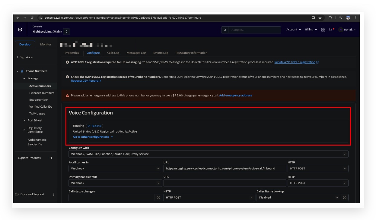Schermata impostazione regione di instradamento US1 su Twilio