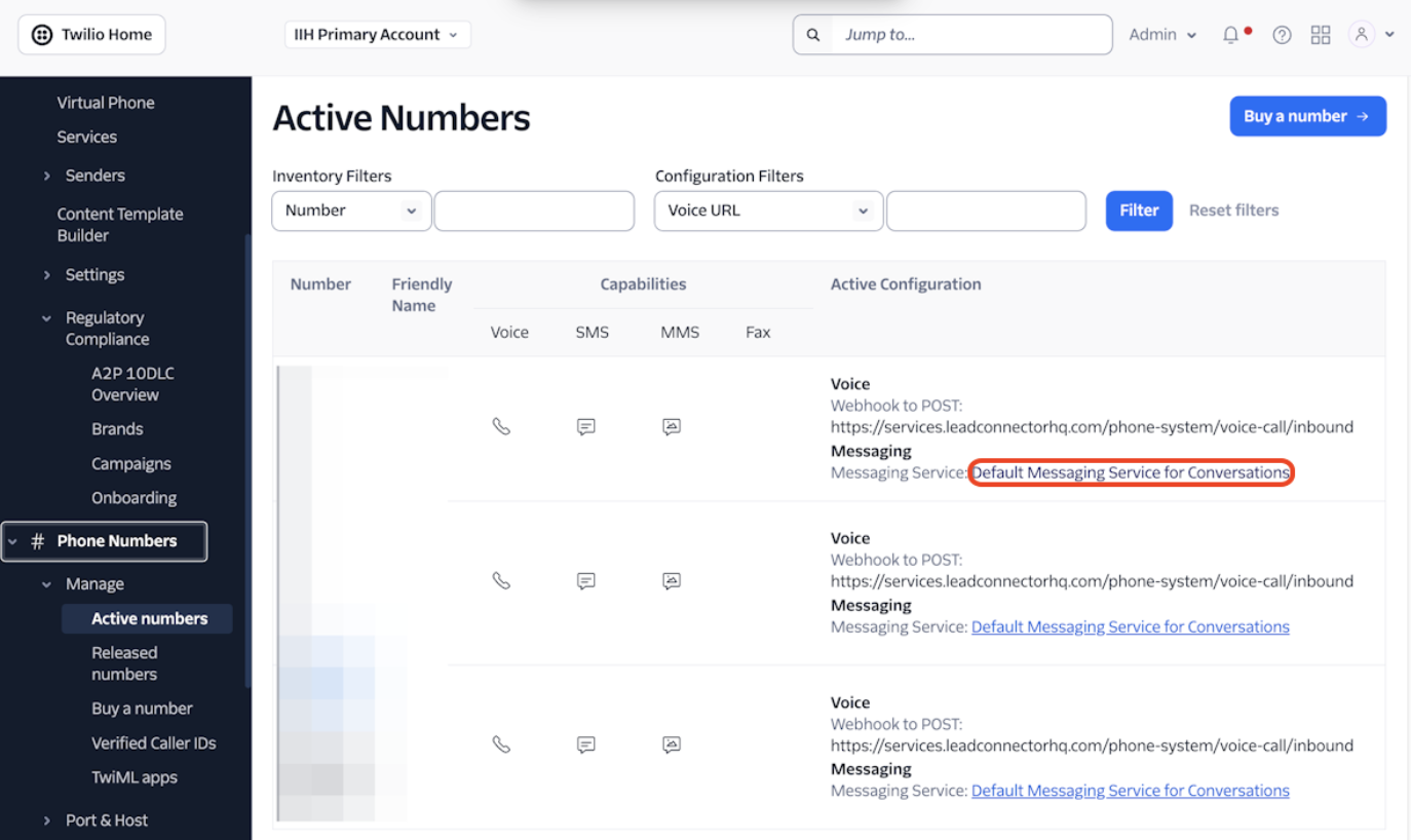 Schermata link al Messaging Service su Twilio