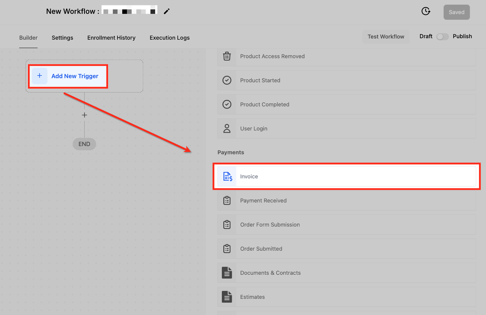 Selezione del trigger Invoice nel Workflow