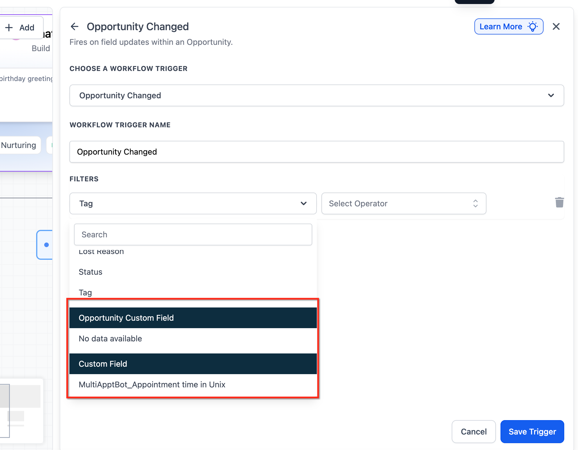 Filtro Campi personalizzati nel trigger Workflow Fattura