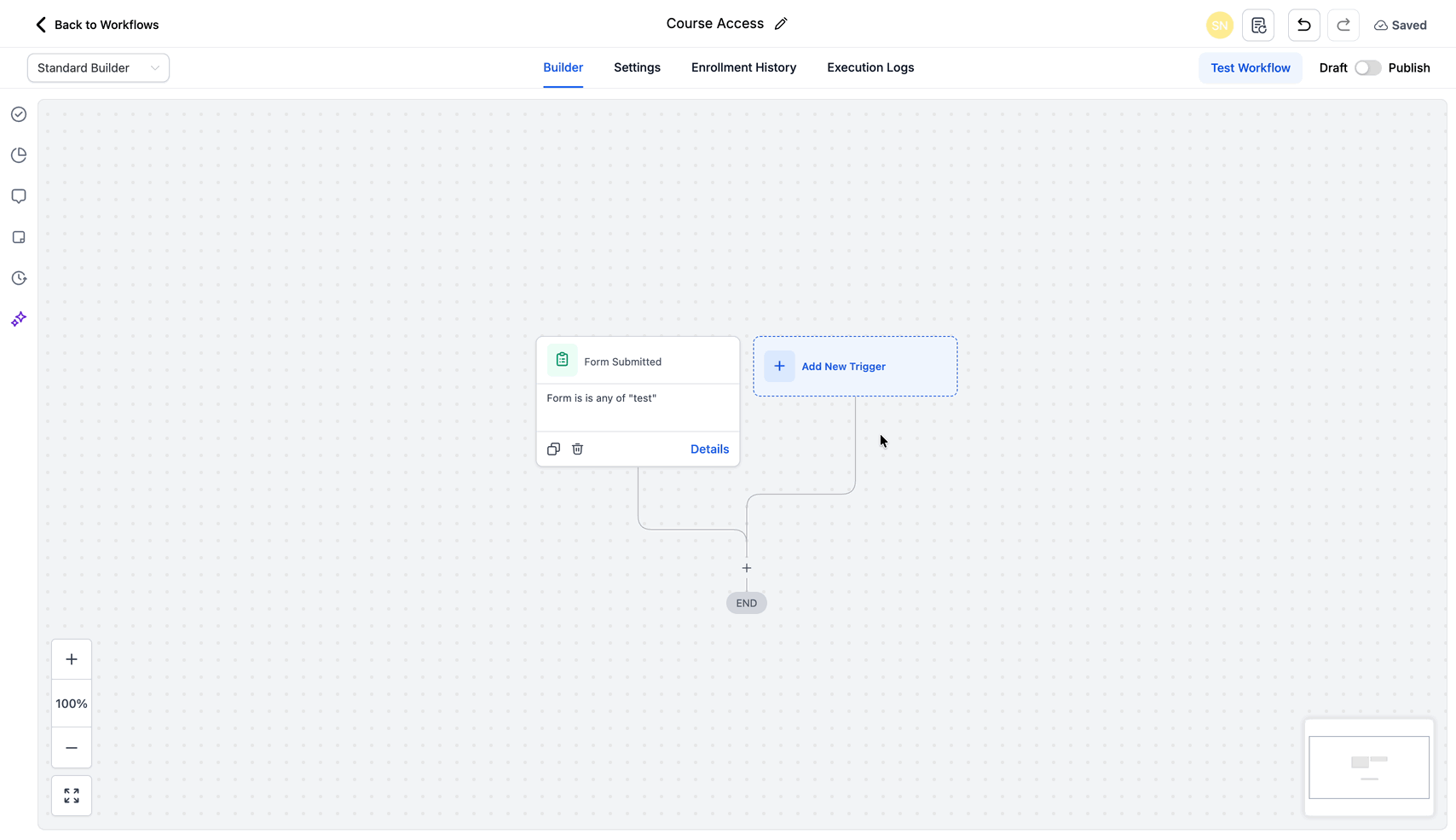Animazione che mostra l'aggiunta dell'azione Course Grant Offer nel Workflow
