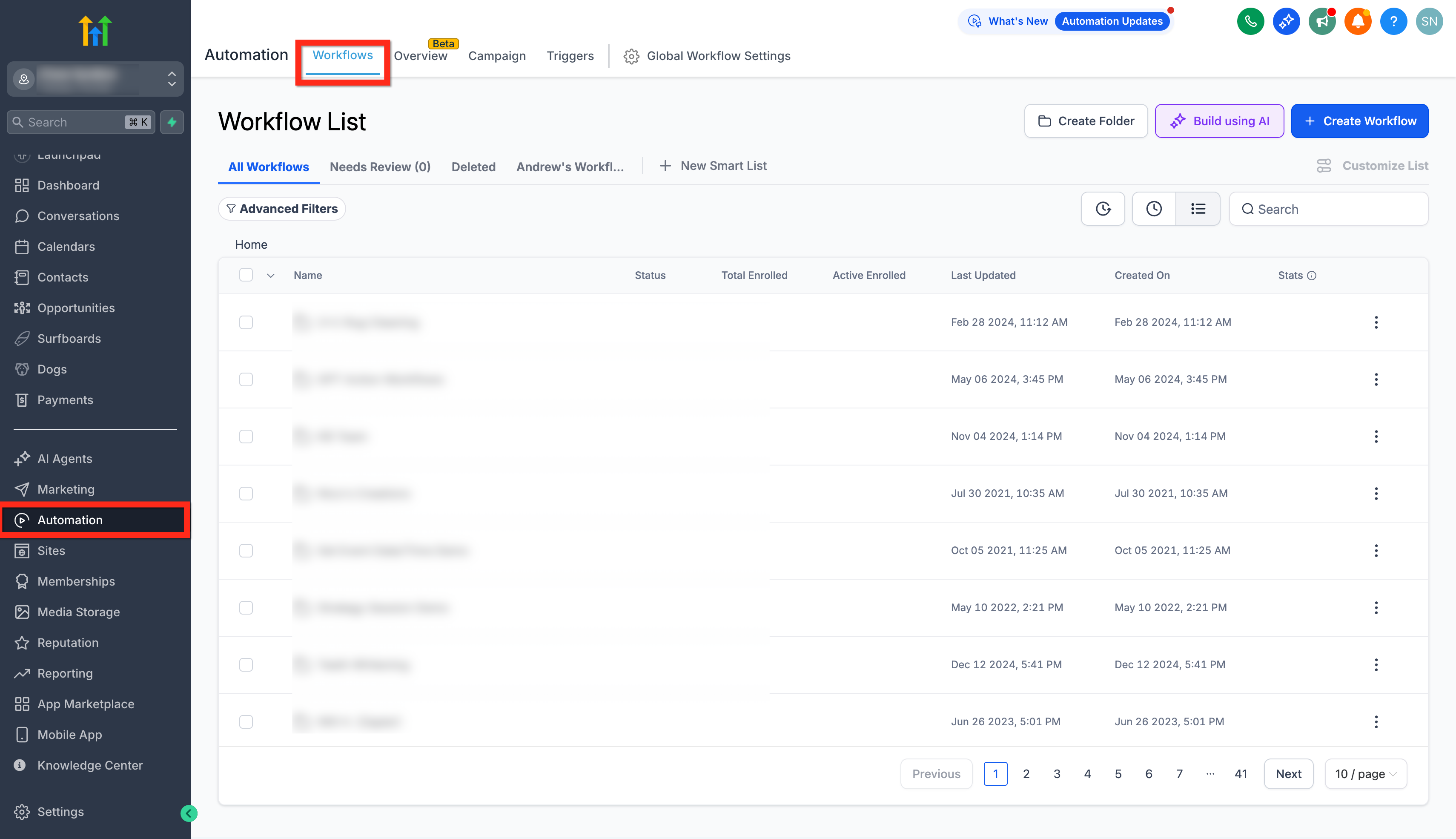 Schermata del menu Automazioni con il percorso verso i Workflow