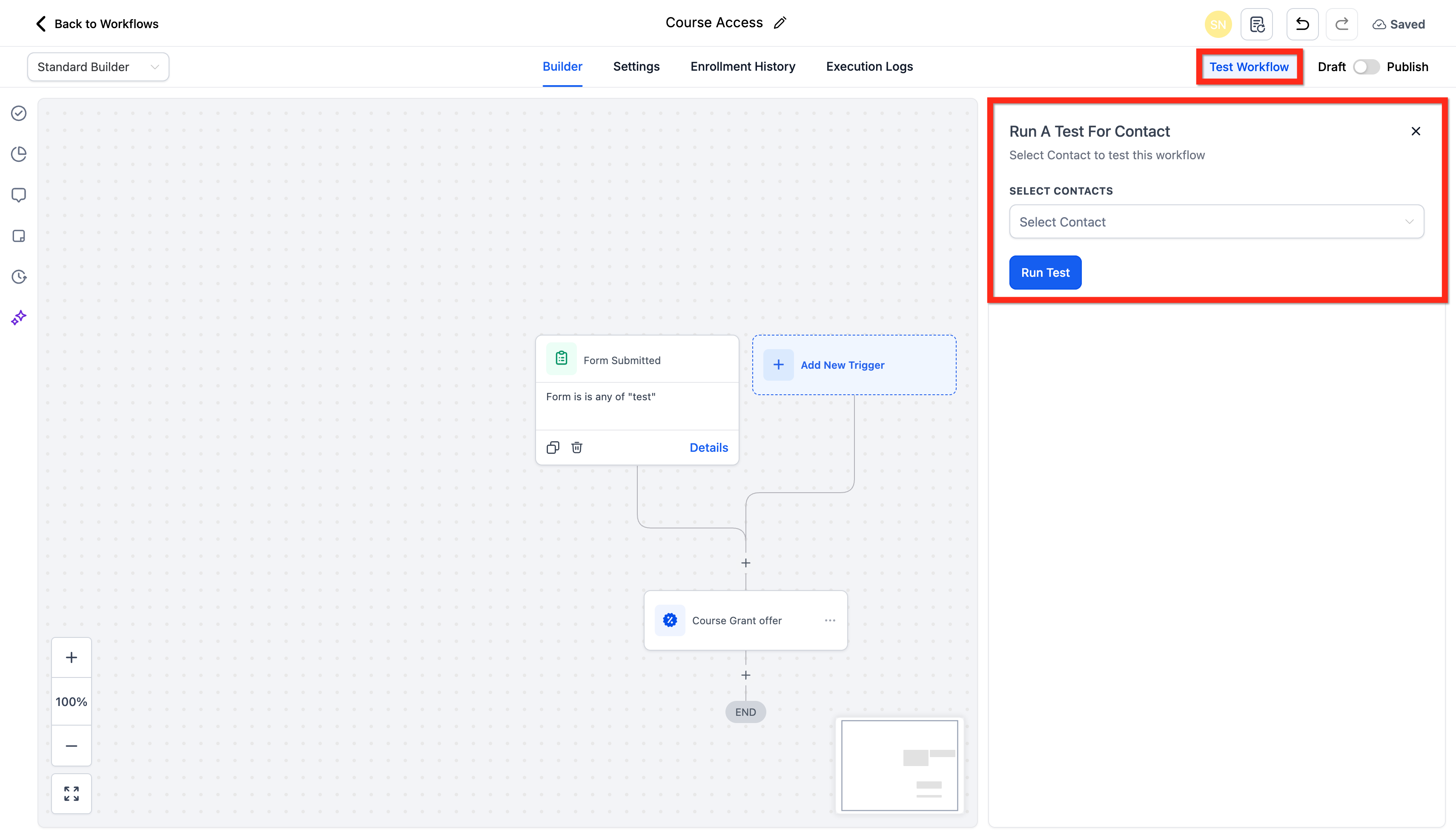 Schermata di test del Workflow
