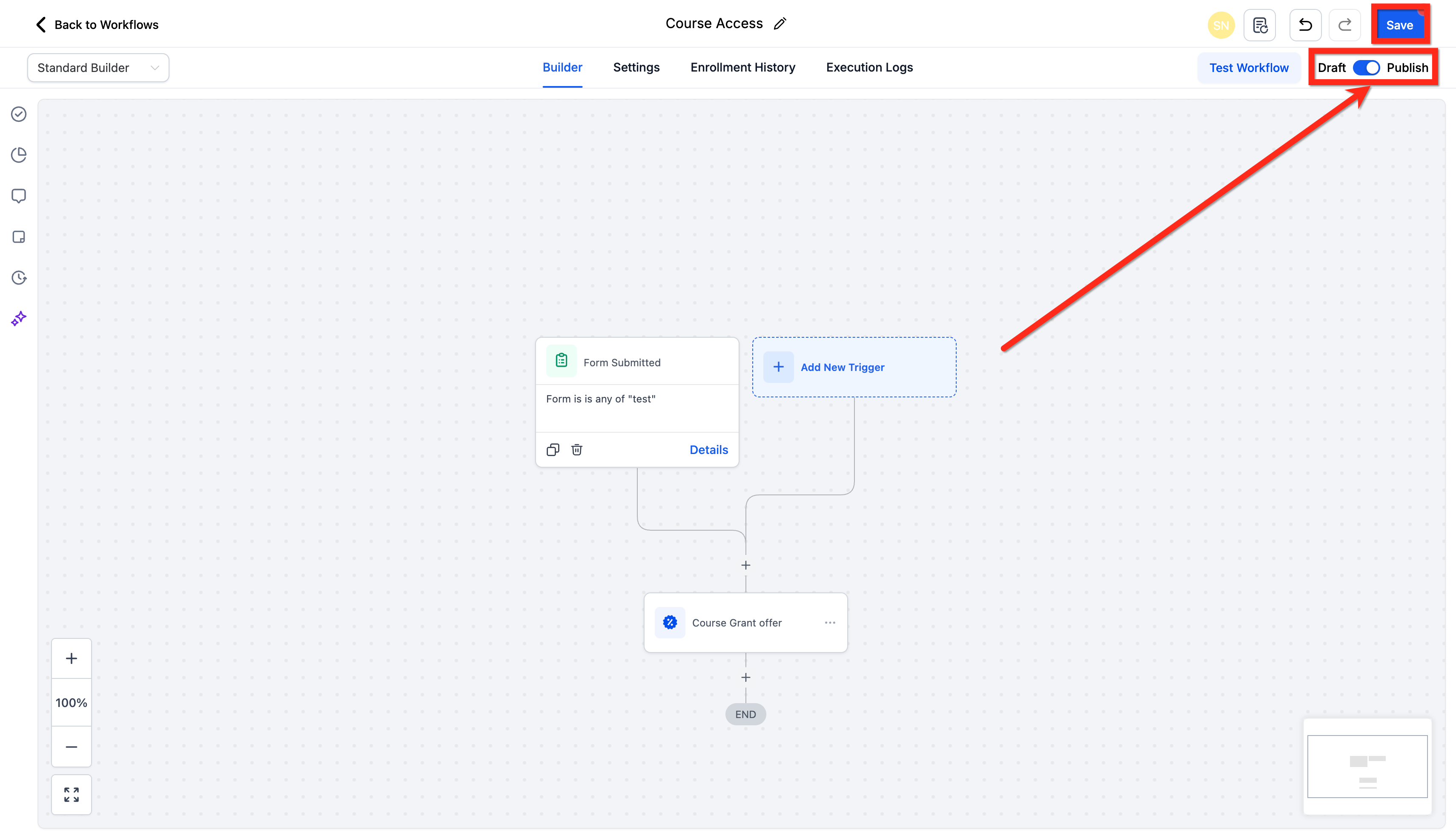 Schermata di pubblicazione e salvataggio del Workflow