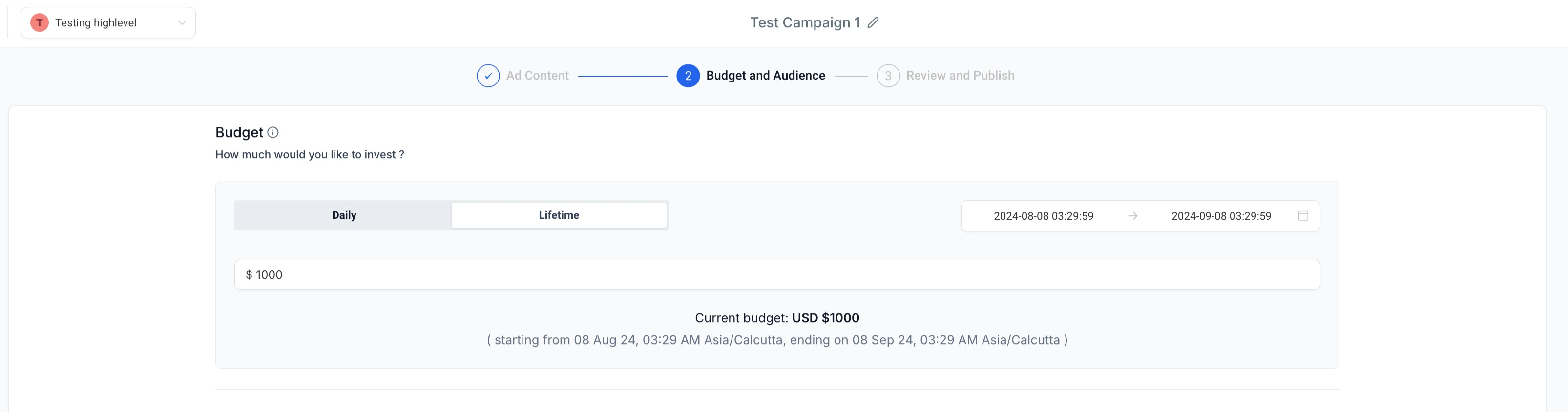 Selezione del budget lifetime e delle date in Ad Manager