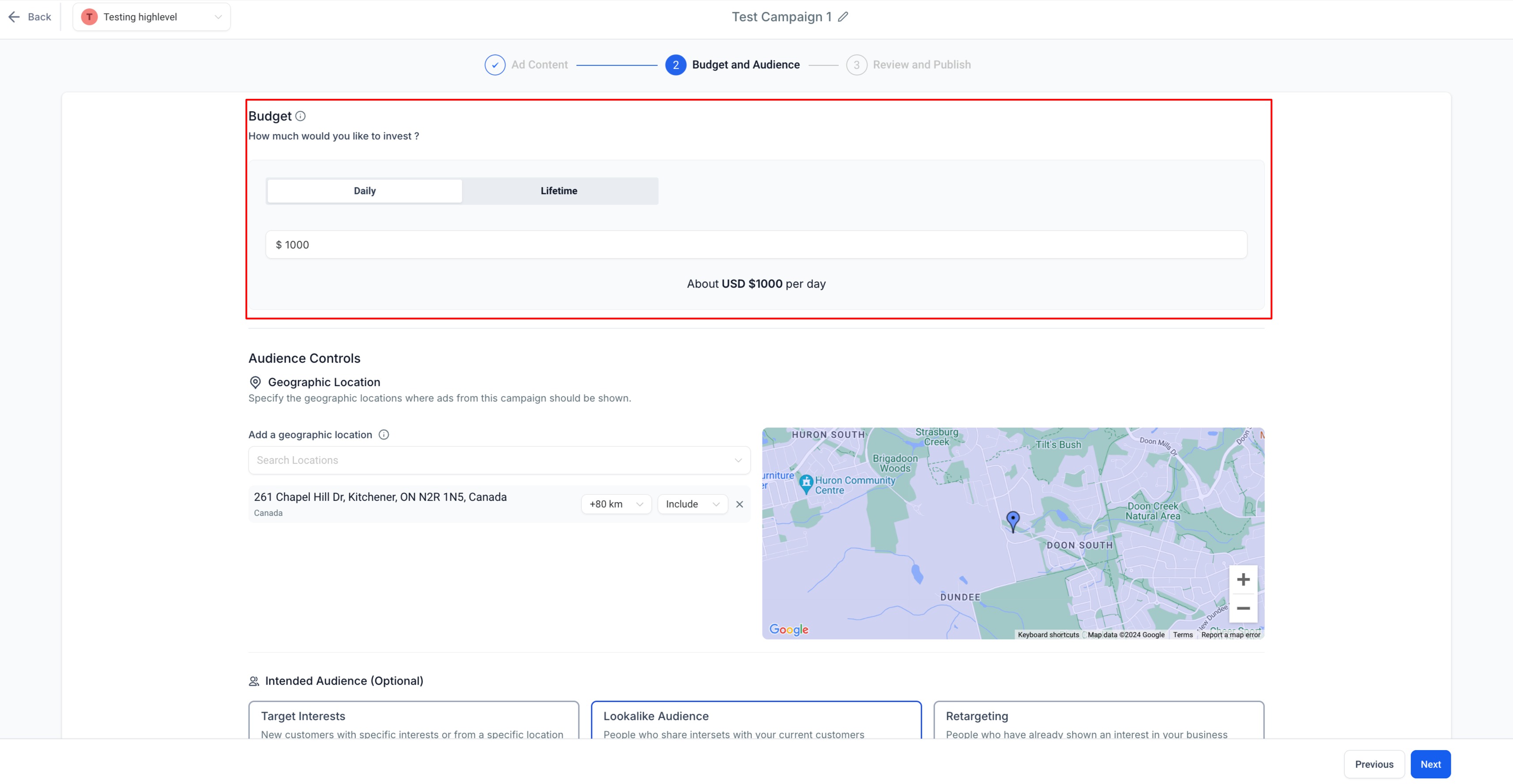 Schermata di definizione del budget campagna in Ad Manager