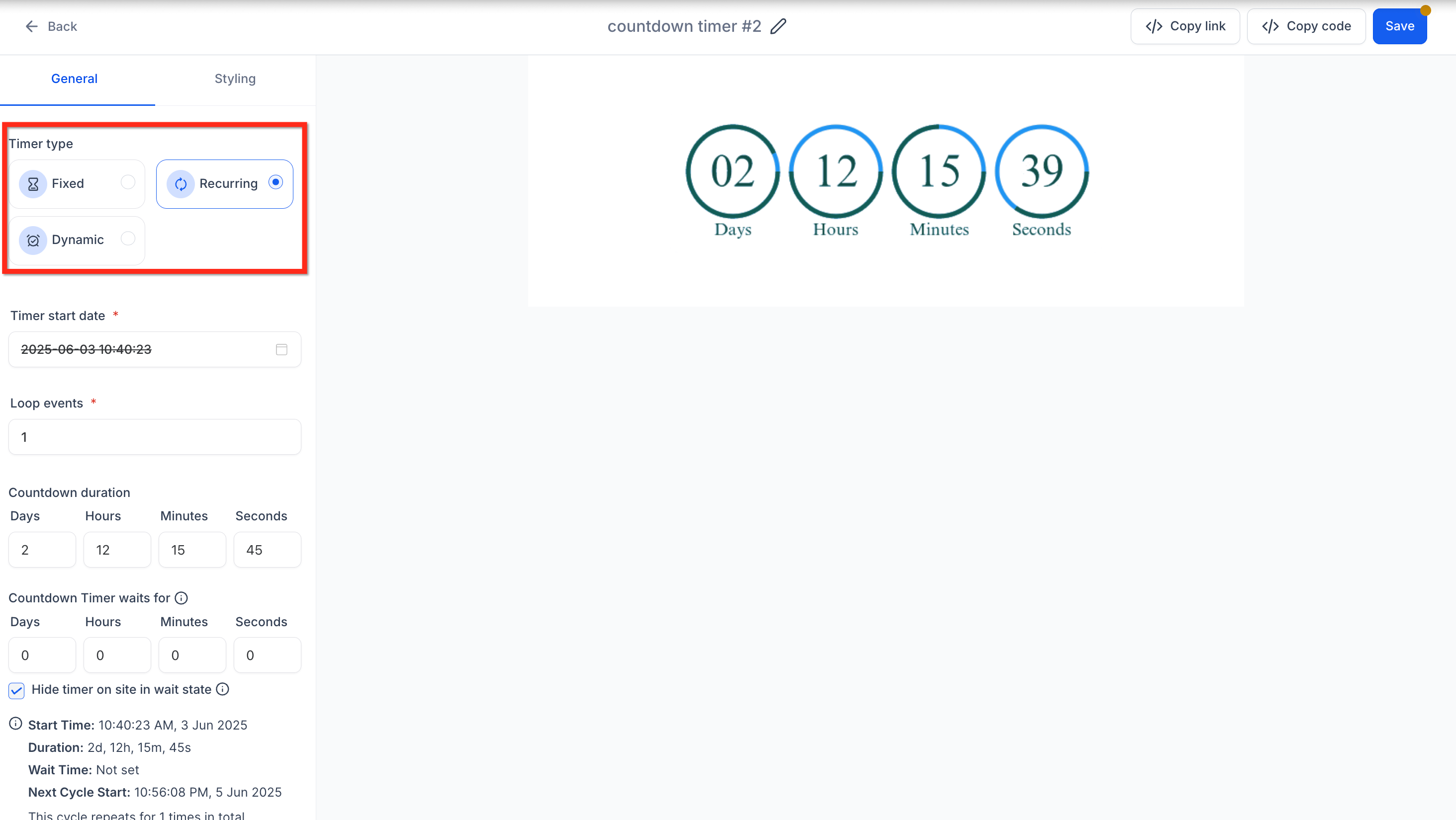Configurazione dei dettagli del timer ricorrente