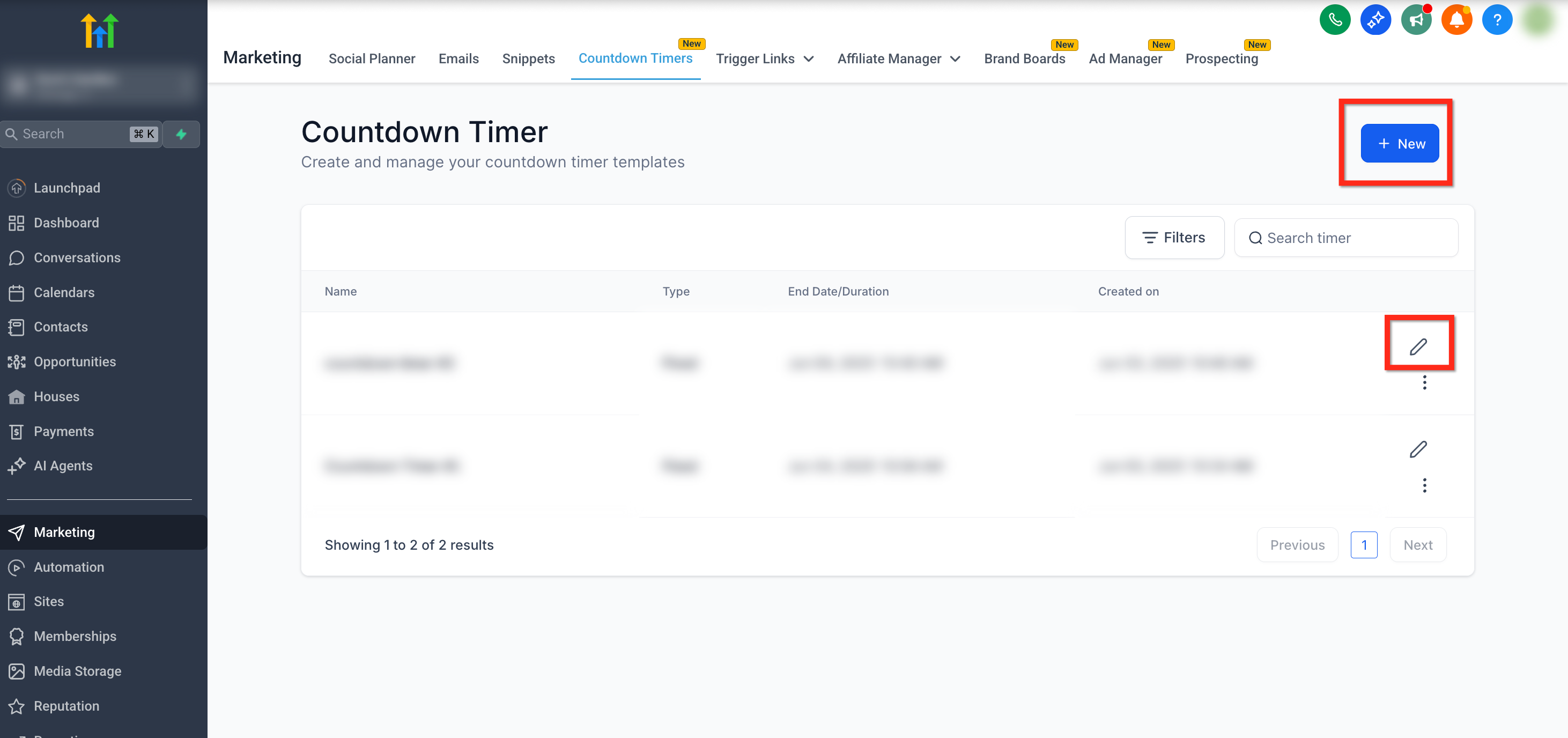 Selezione o creazione di un timer