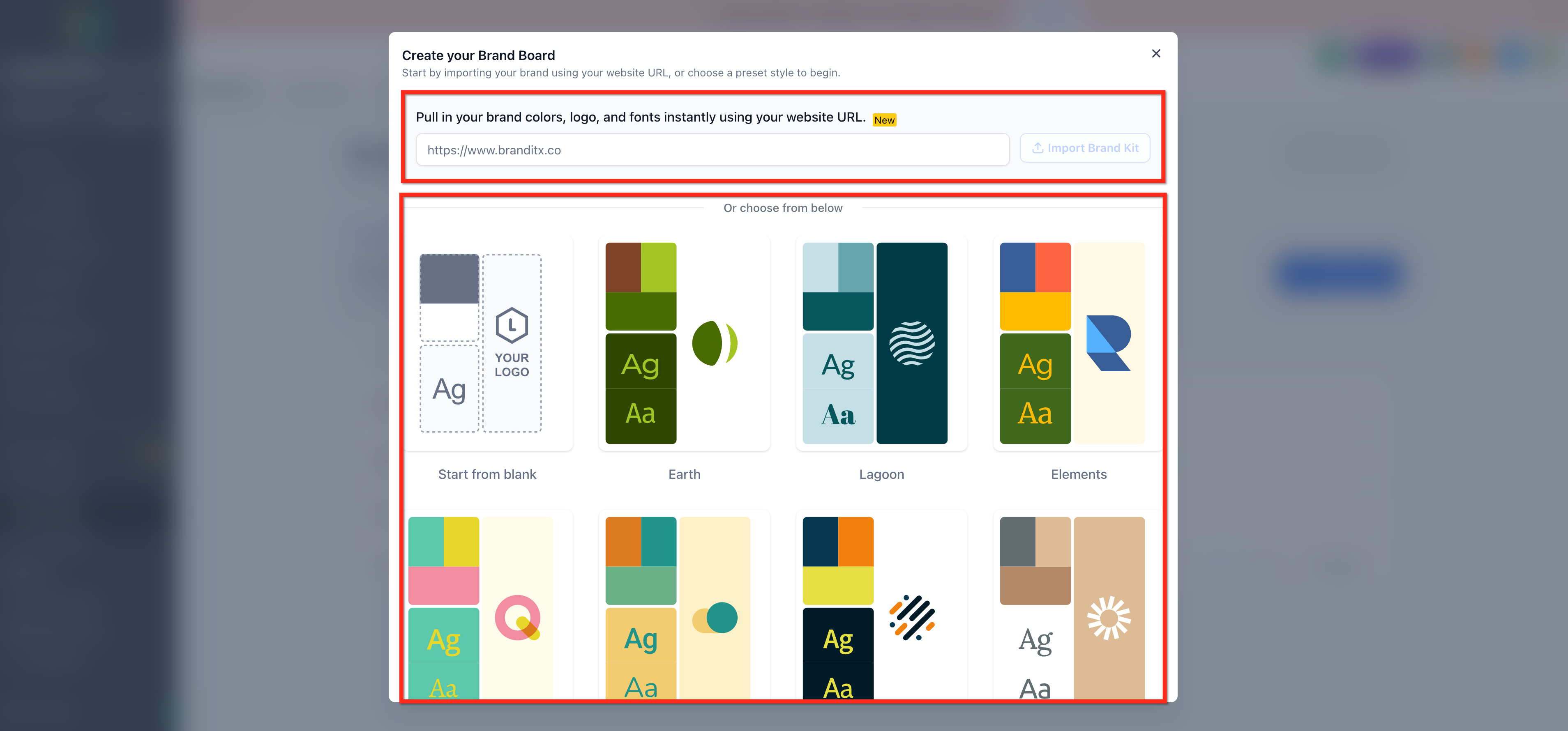 Schermata delle opzioni di creazione del Brand Board: da zero, template o URL