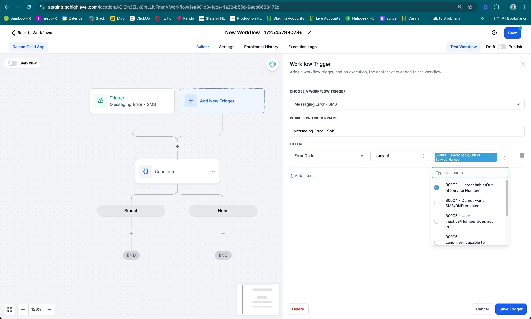 Esempio di configurazione del trigger Messaging Error SMS con filtro codice errore 30007