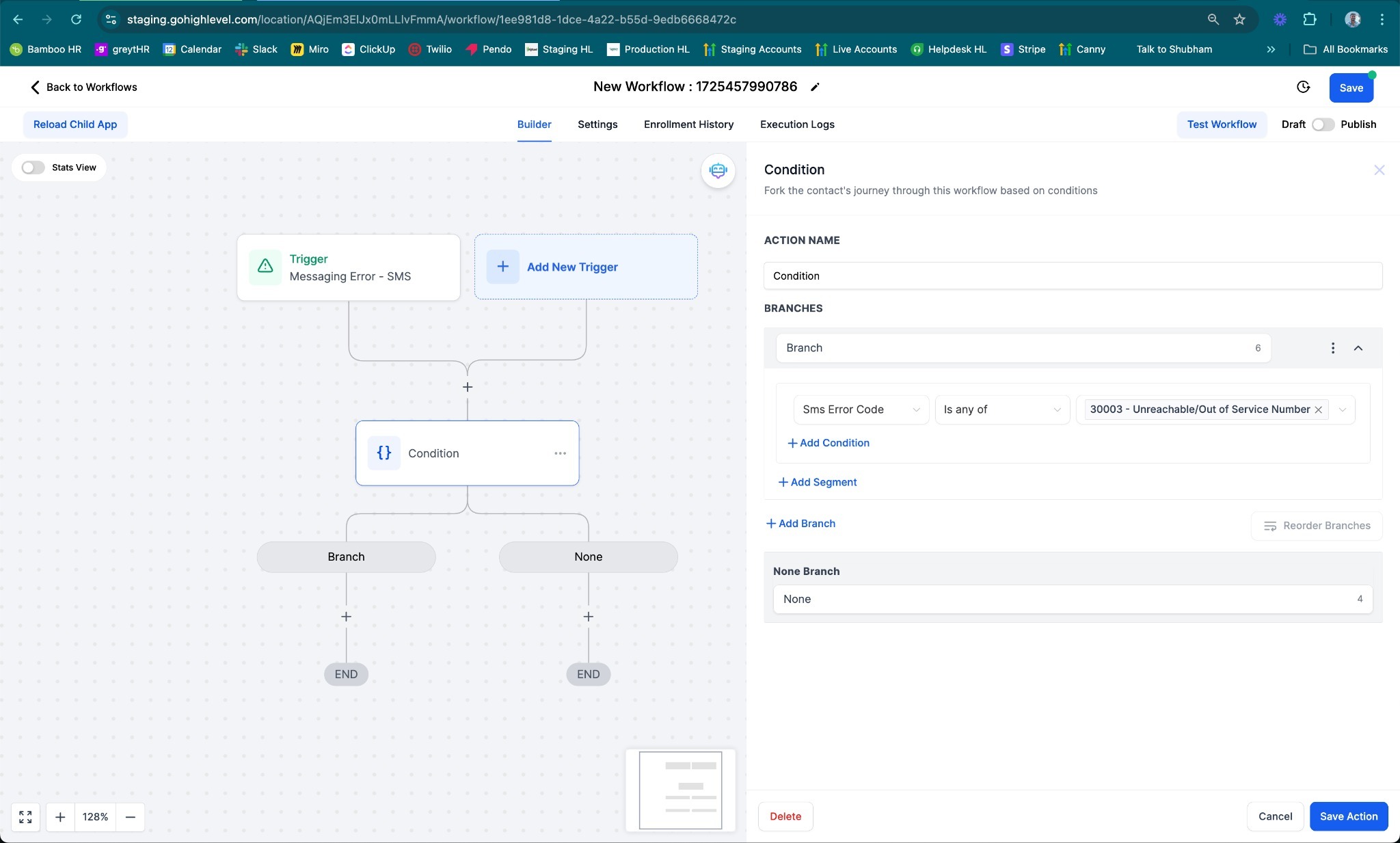 Esempio di Workflow con logica if/else per gestire diversi codici di errore SMS