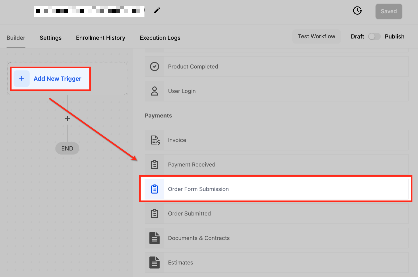 Selezione del trigger Invio Modulo d'Ordine nel Workflow Builder