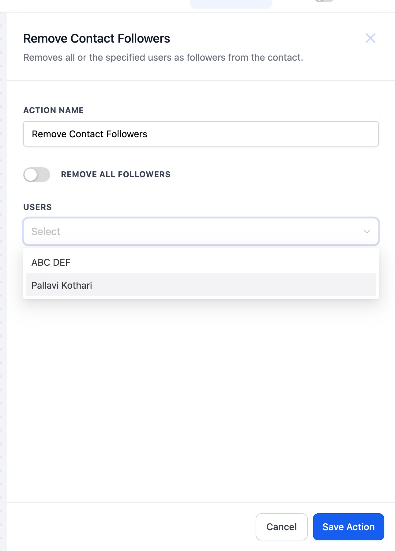 Configurazione toggle per rimuovere tutti i follower dal contatto