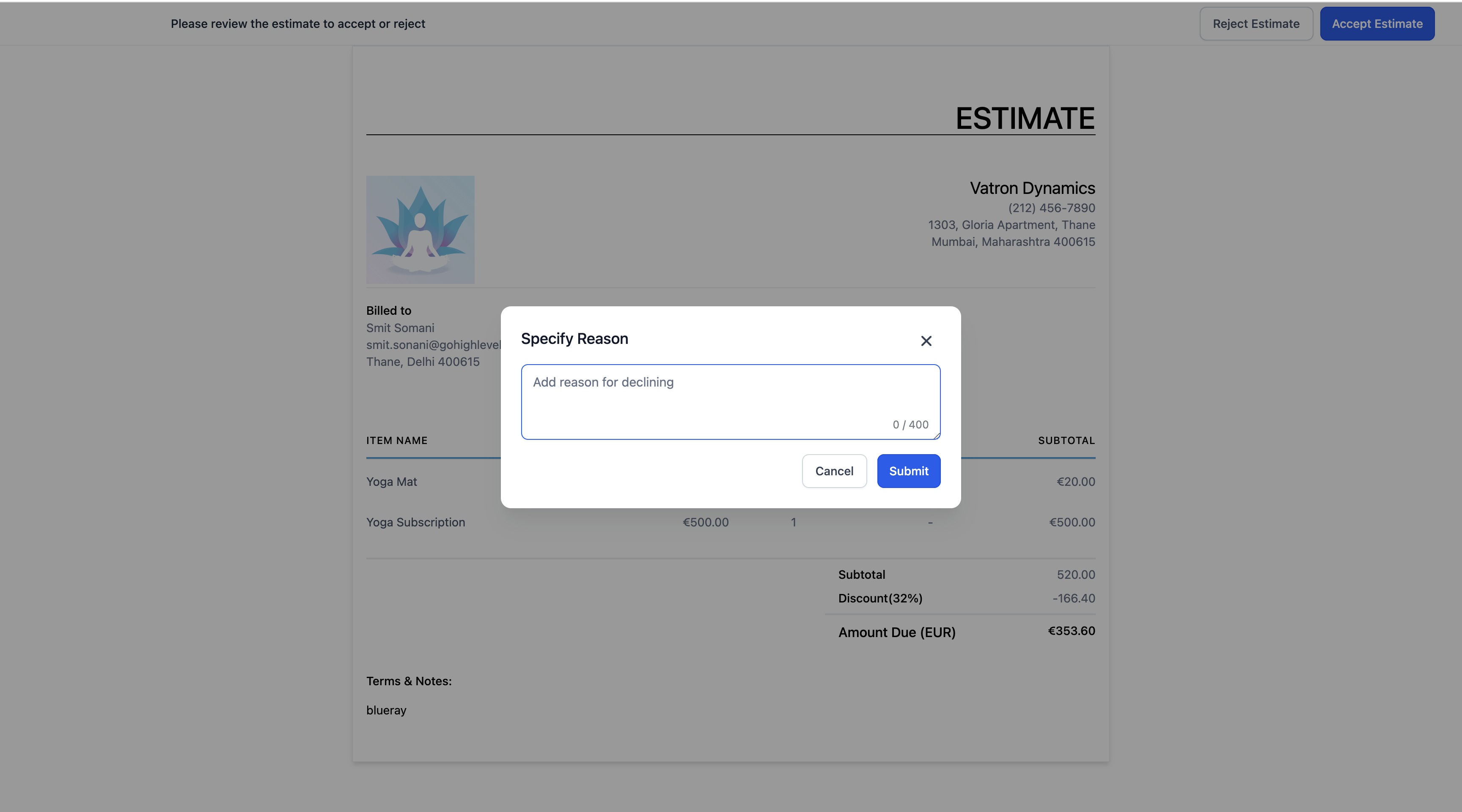 Screenshot del rifiuto di un preventivo con note