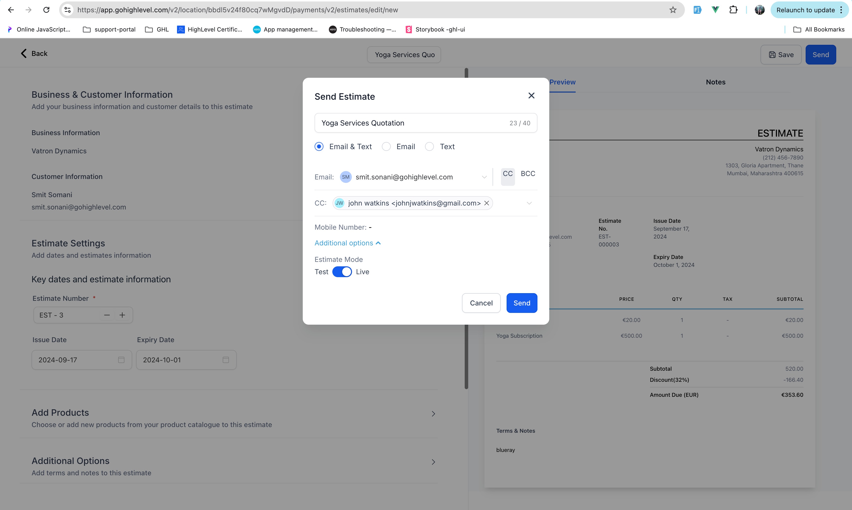 Screenshot dell'invio di un preventivo via email o SMS