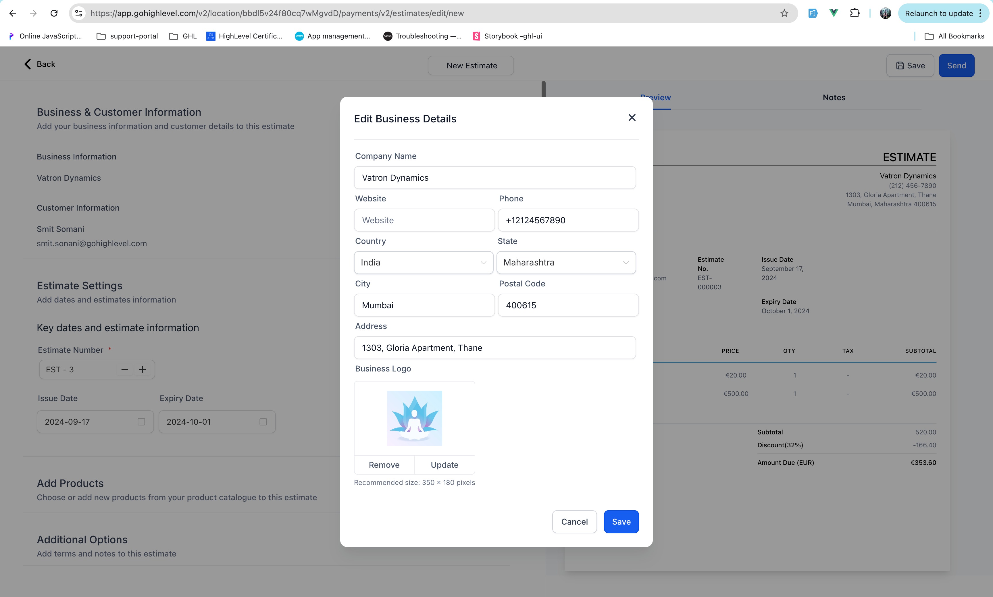 Screenshot della creazione di un preventivo in GoHighLevel / Squadd