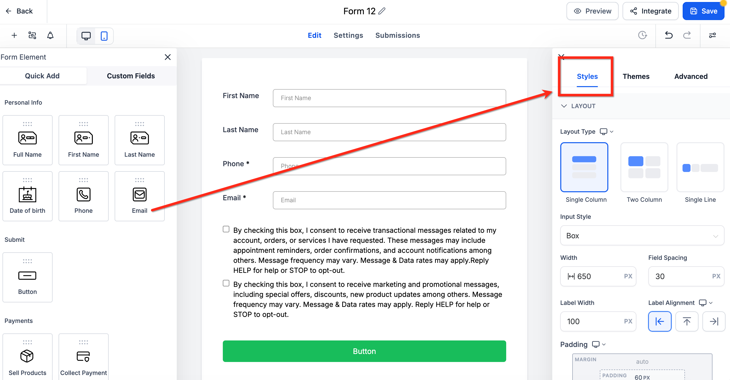 Scheda Stili nel costruttore di form e survey
