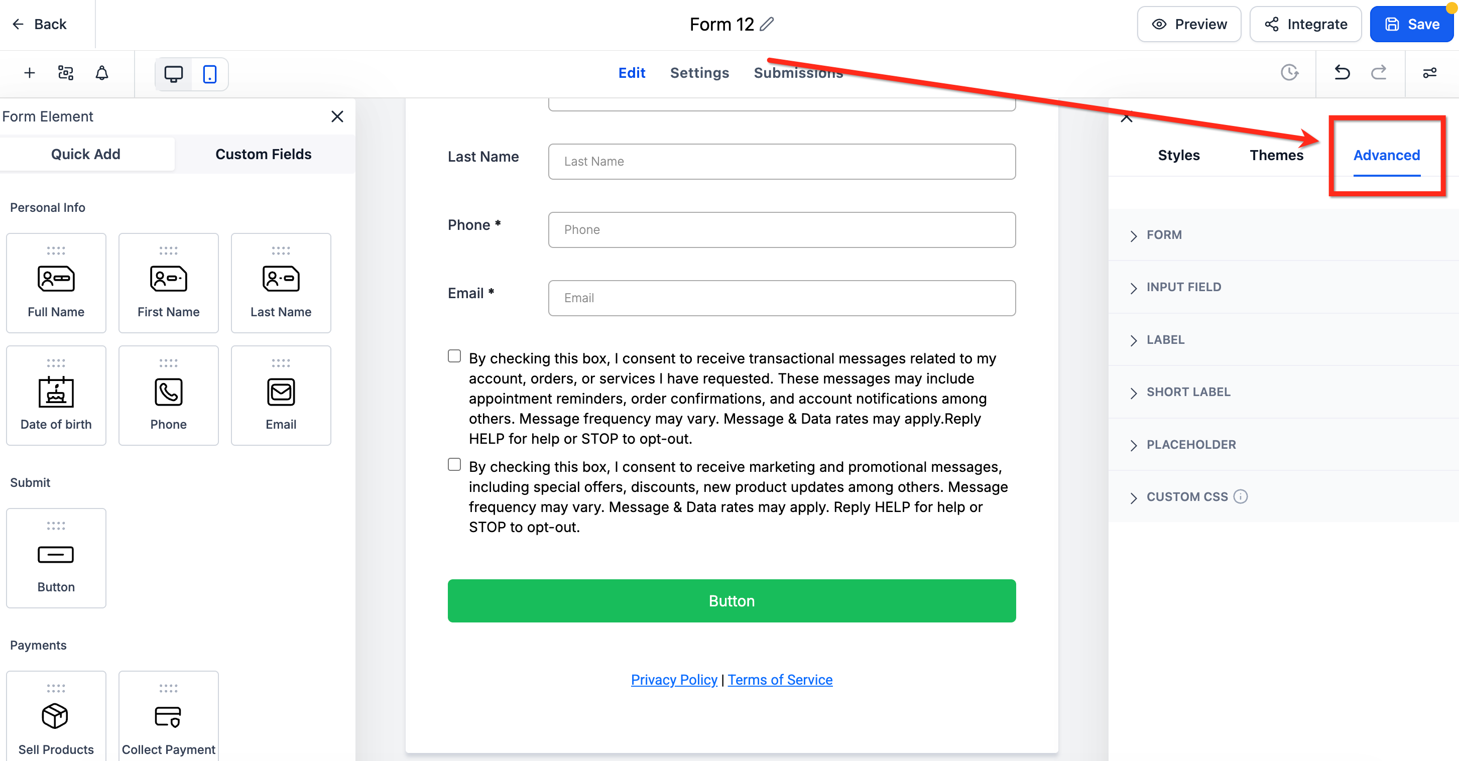 Scheda Avanzate nel costruttore di form e survey