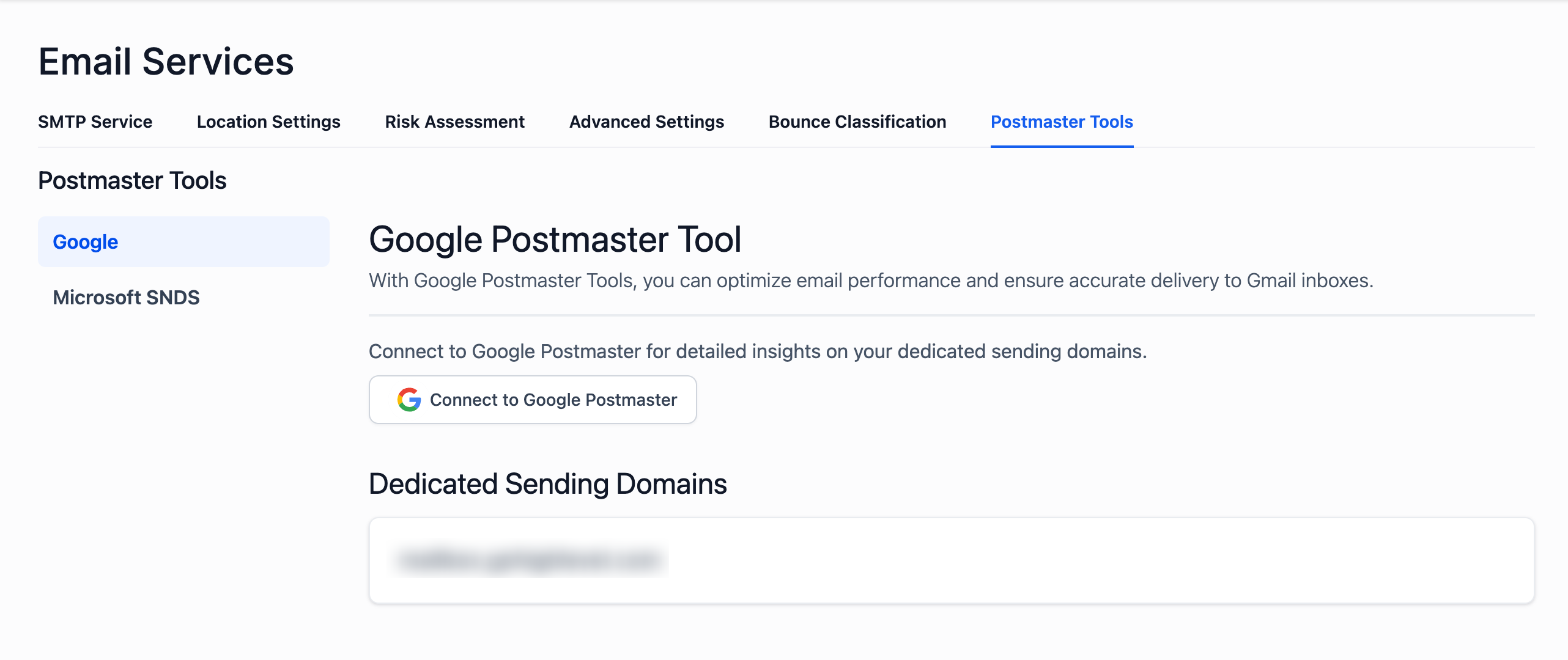 Pulsante Connetti a Google Postmaster nella pagina Servizi email