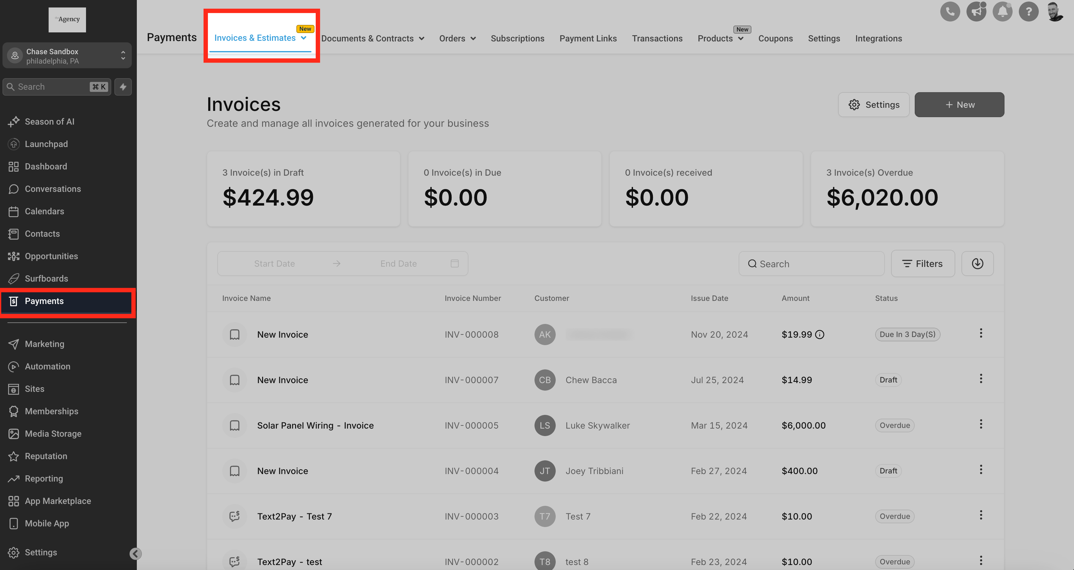 Sezione Fatture nella dashboard di Squadd