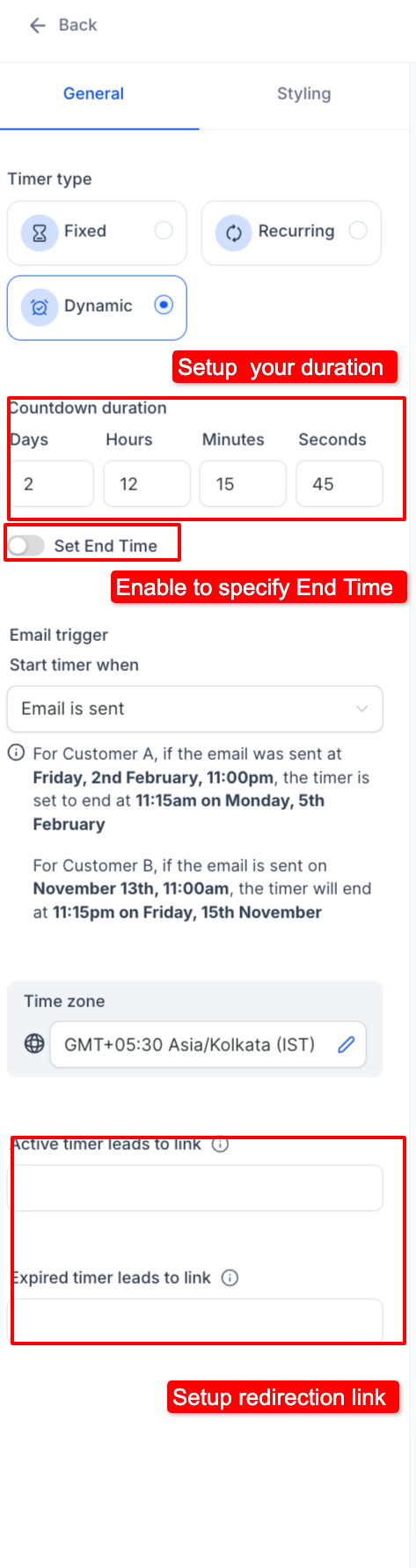 Impostazione durata e ora di fine del timer dinamico