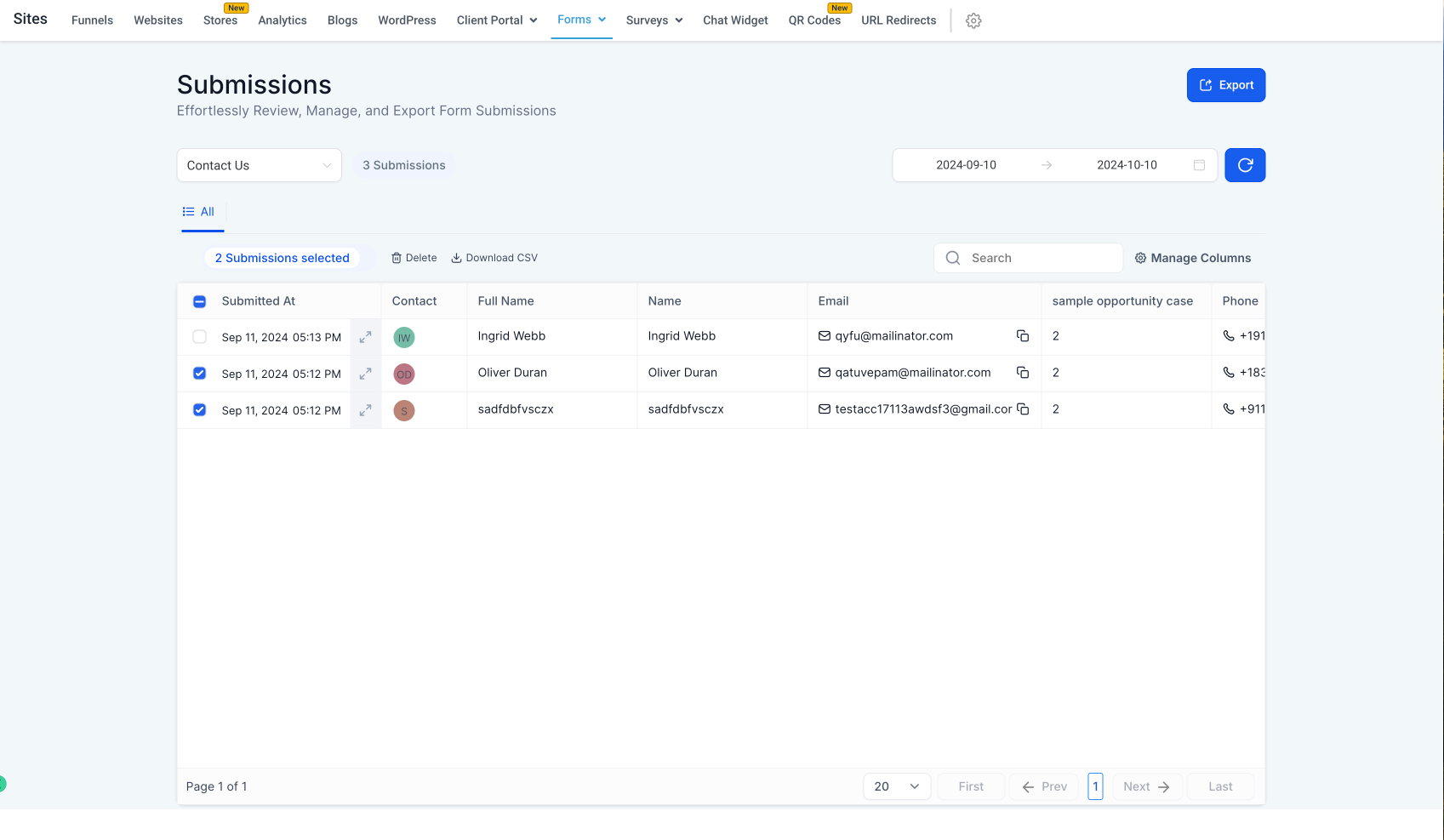 Screenshot della selezione invii