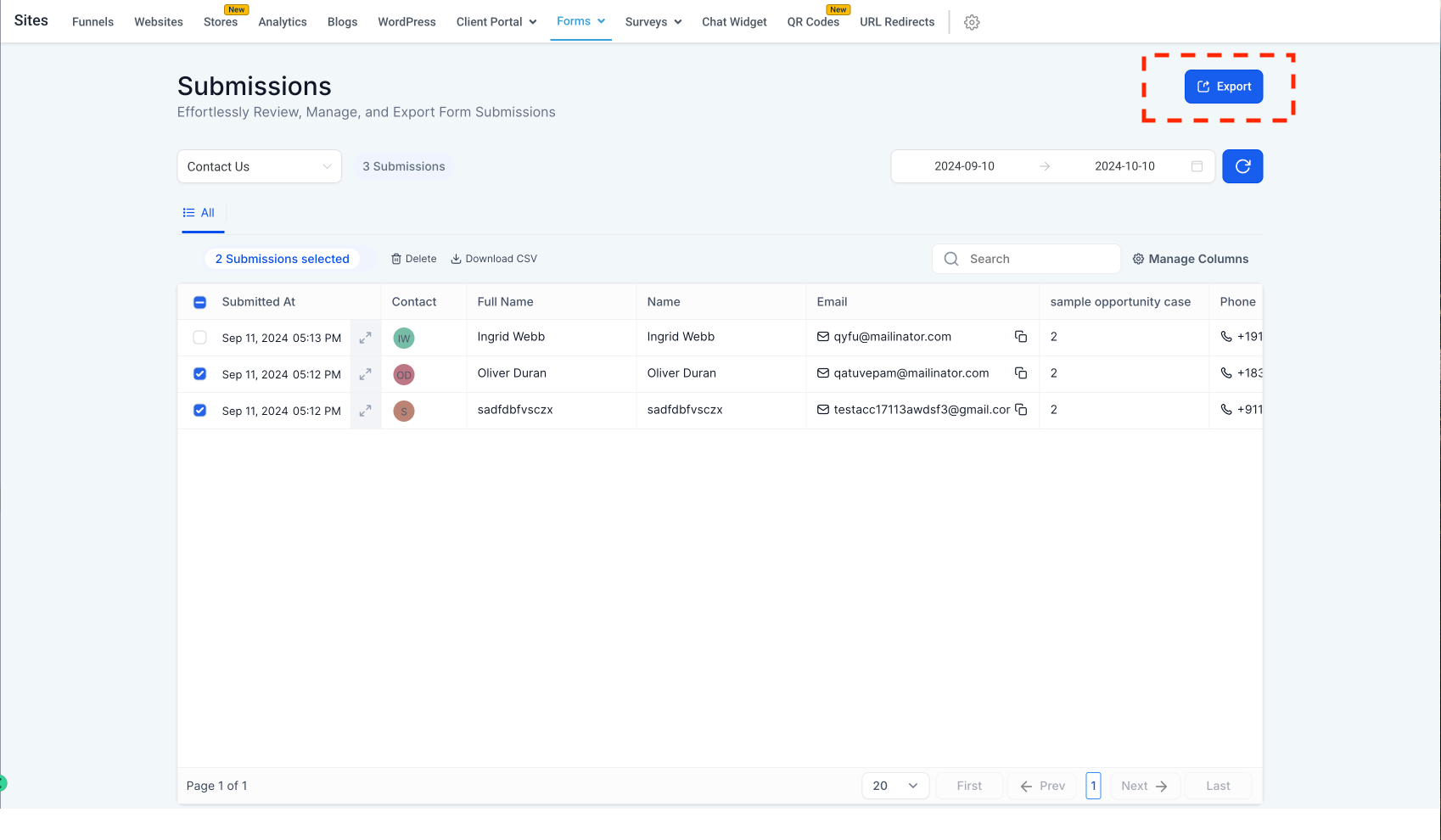 Screenshot del pulsante Esporta