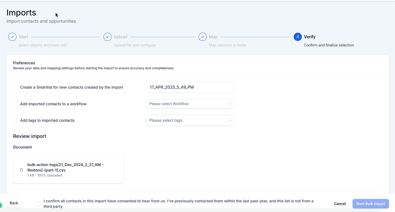 Animazione del passaggio di verifica e conferma dell'importazione in GoHighLevel / Squadd