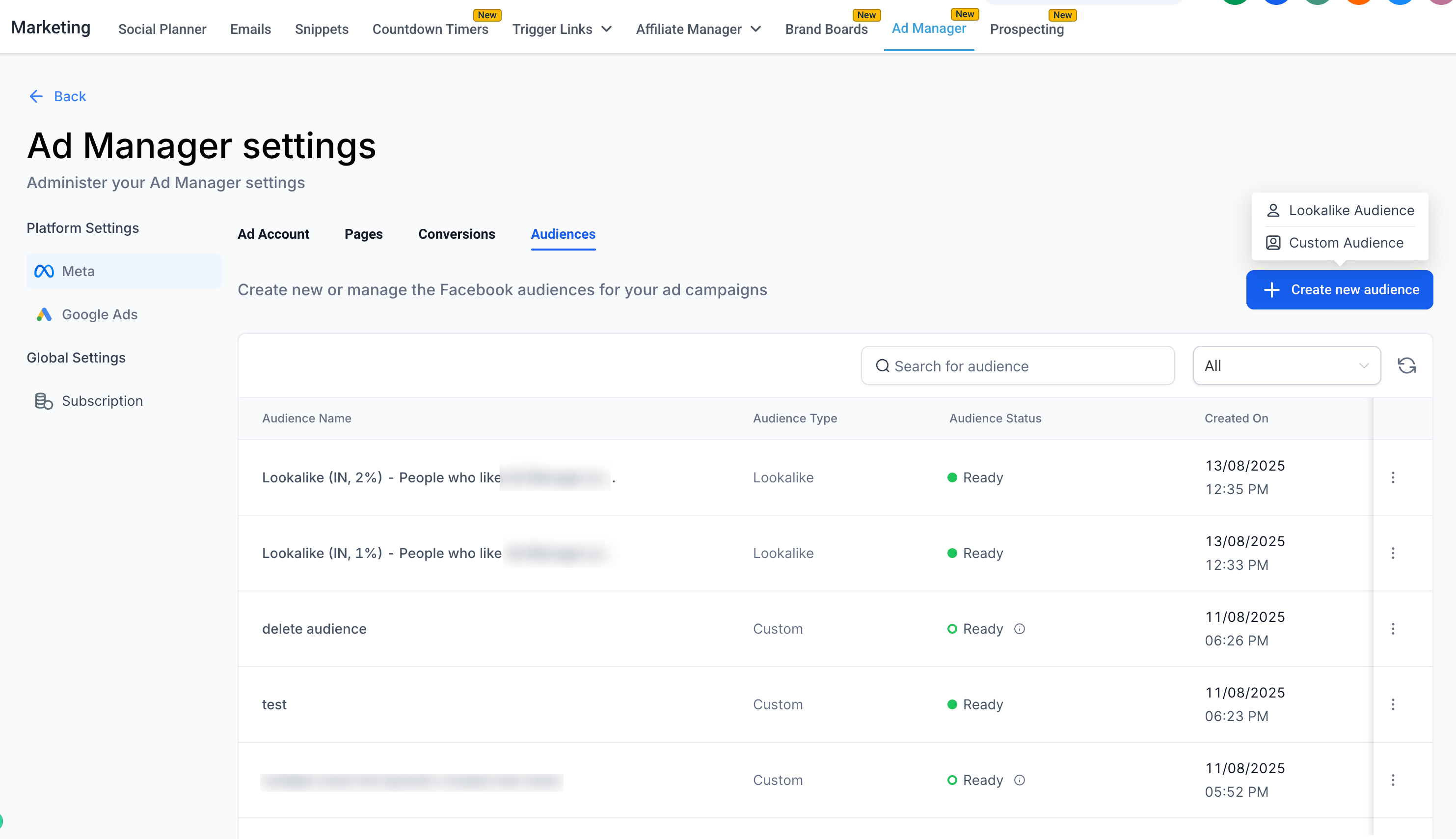 Scheda Pubblici Meta nelle Impostazioni di Ad Manager