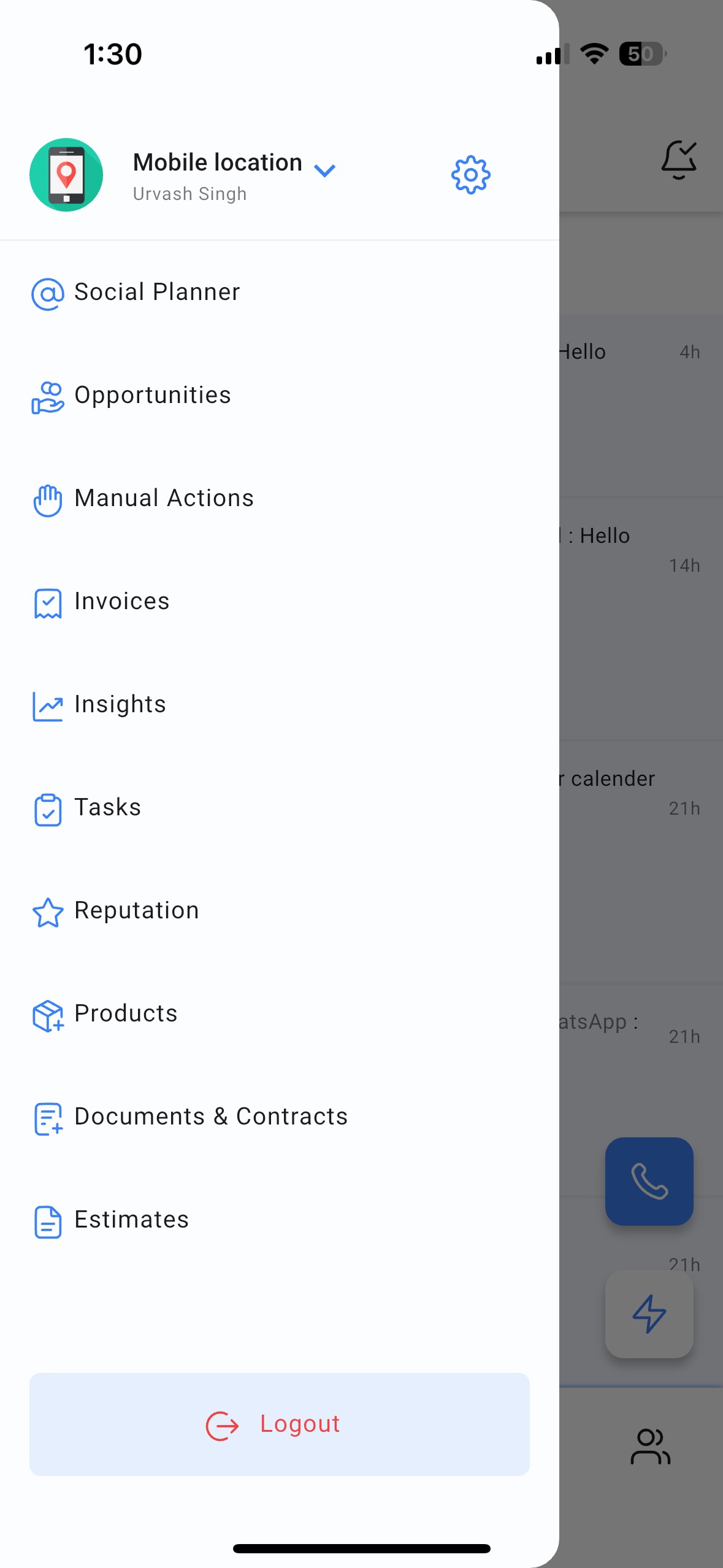 menu di navigazione dell'app