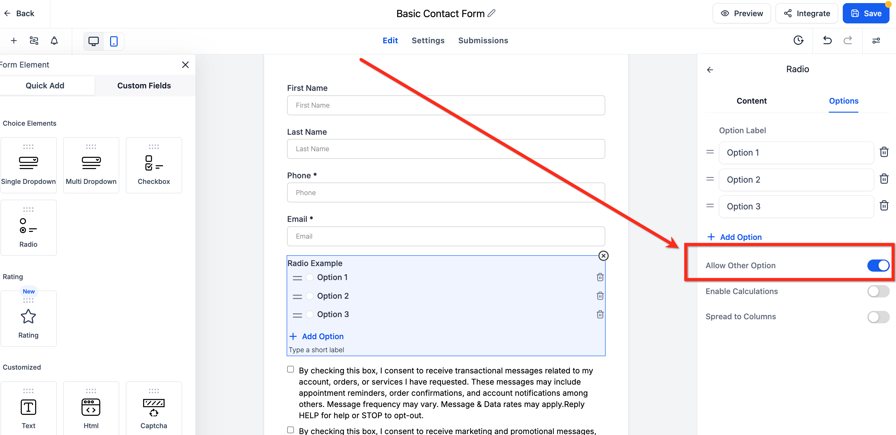 Toggle Consenti altre opzioni attivato nel pannello impostazioni