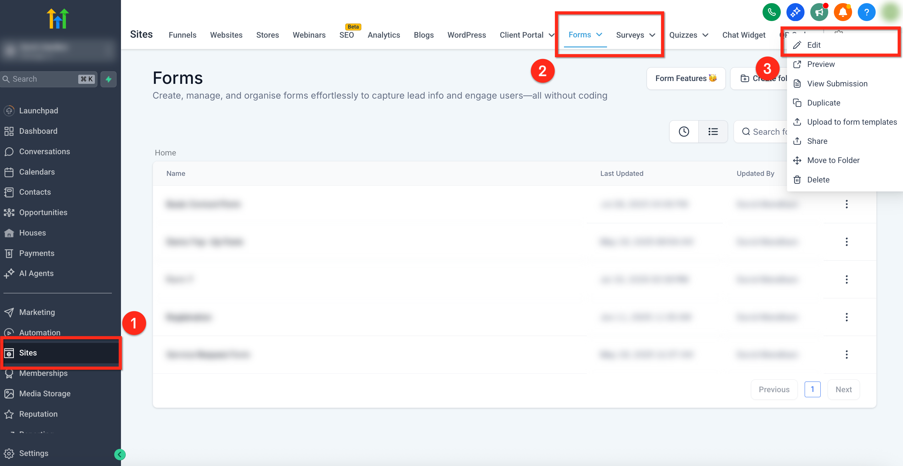 Navigazione verso il form builder nei Siti