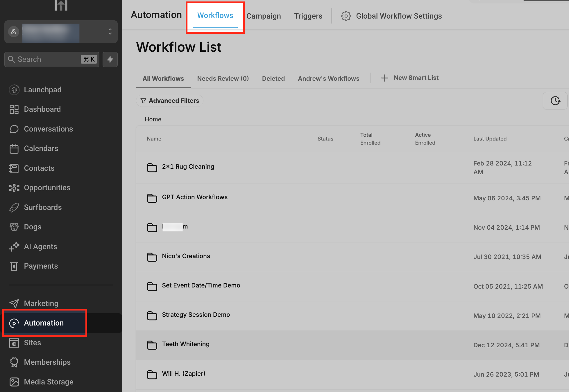 Schermata del Workflow Builder con la lista dei Workflow