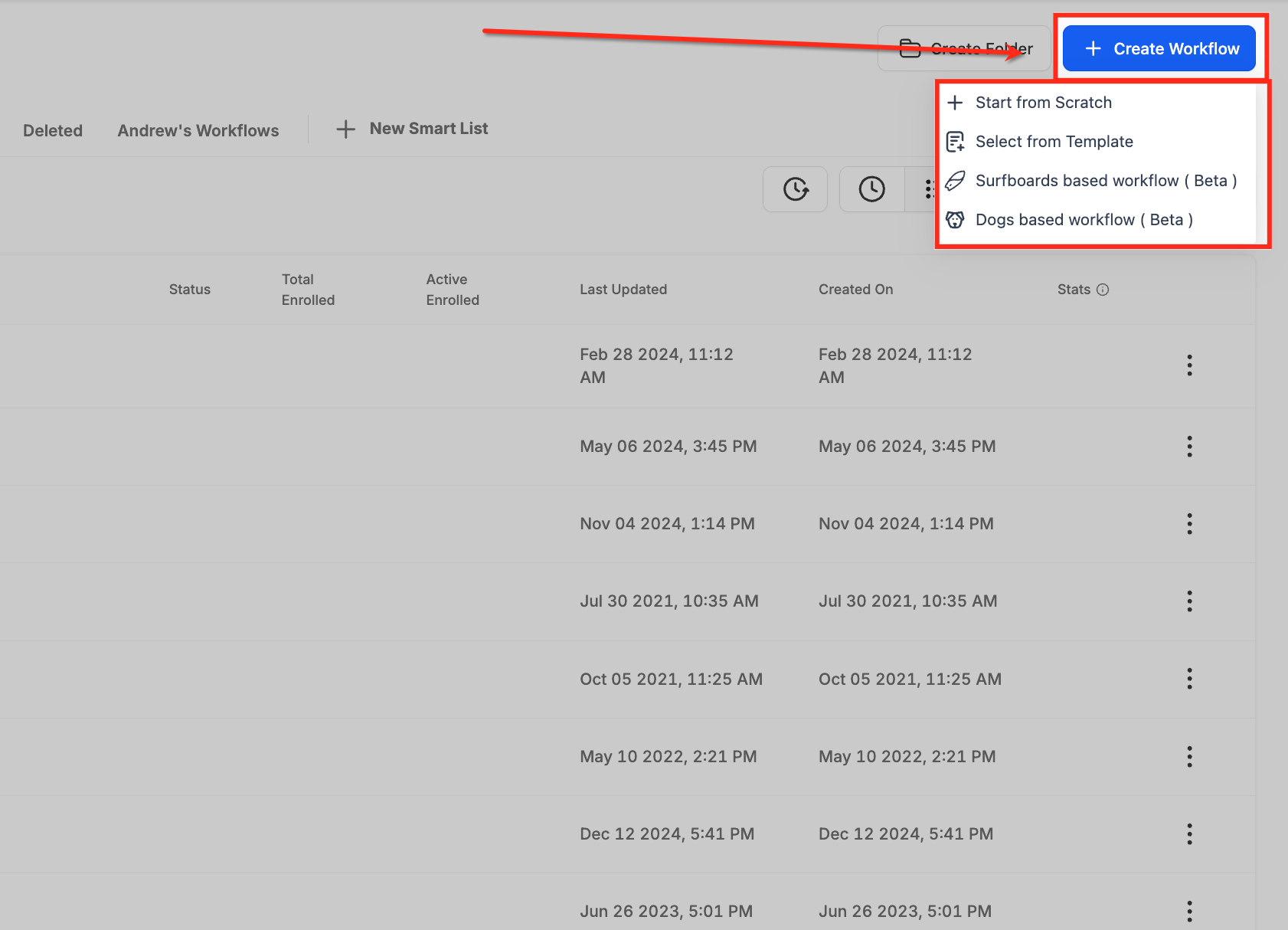 Pulsante Crea Workflow nella lista dei Workflow