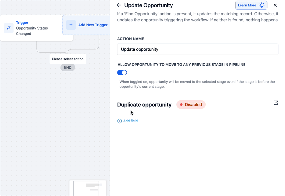 Animazione del toggle Opportunità Duplicata e navigazione alle impostazioni