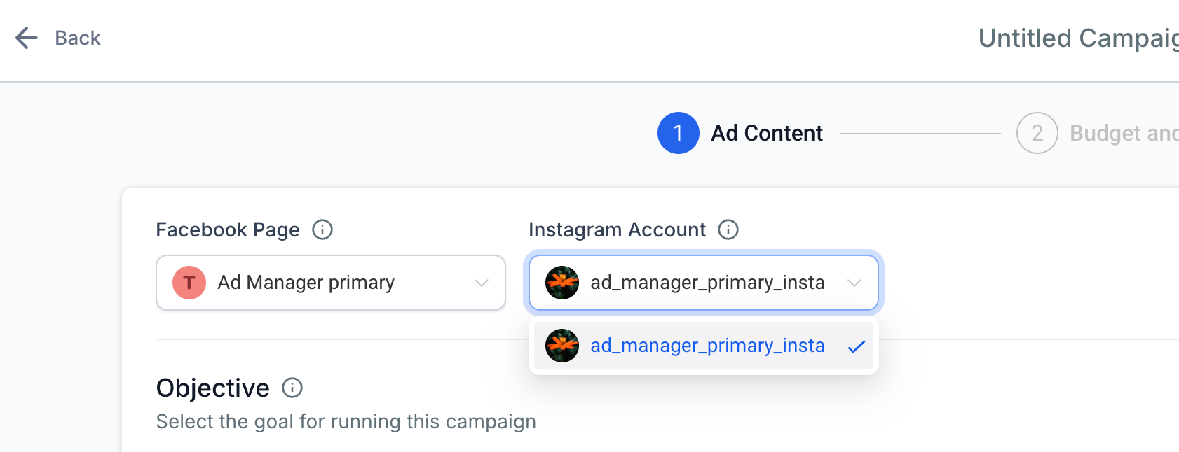 Selezione pagina Facebook e account Instagram