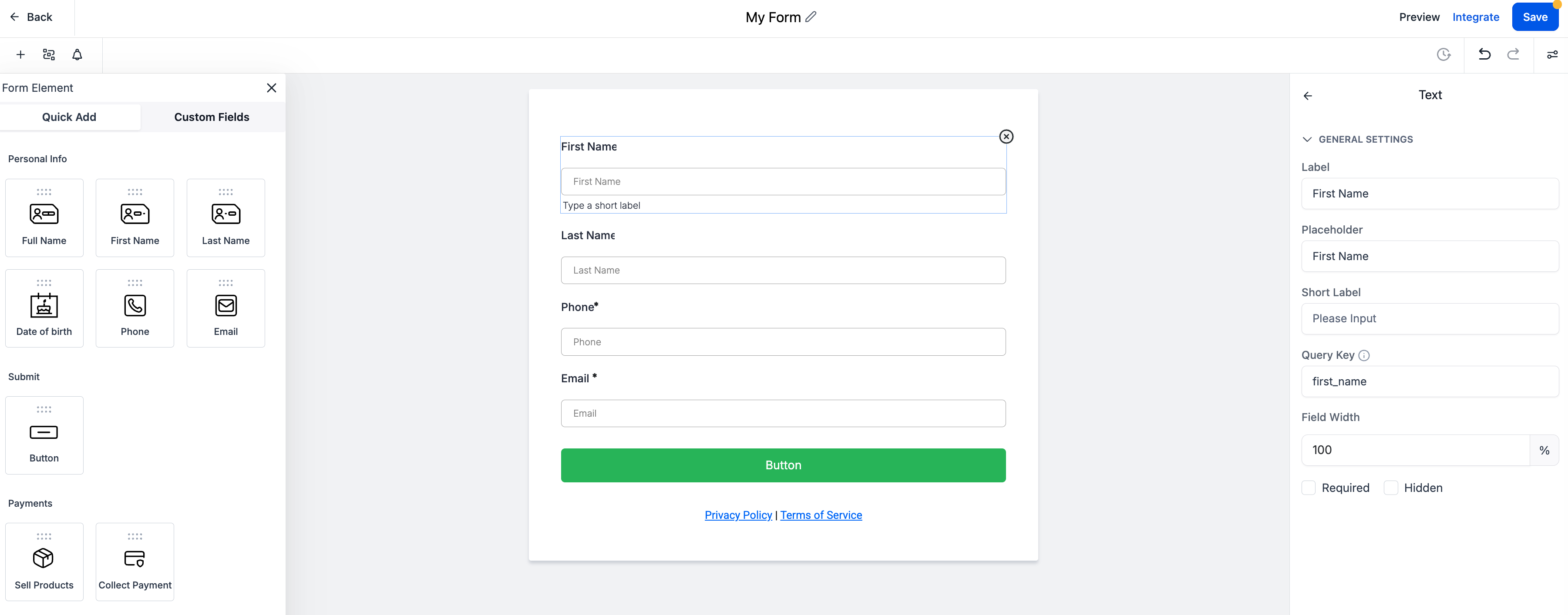 Anteprima dell'Editor Inline nel form builder