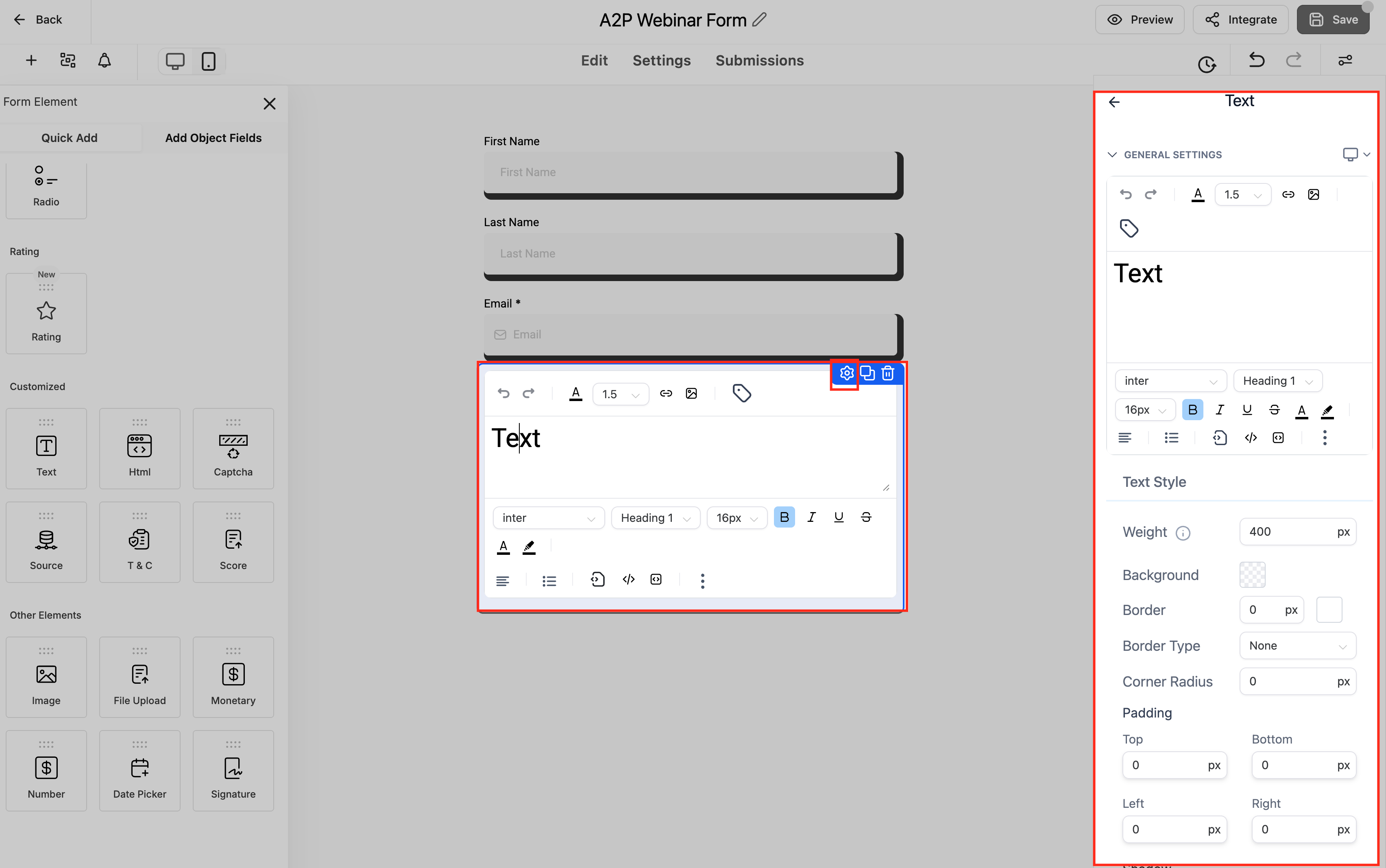 Clic su un elemento di testo nell'editor inline