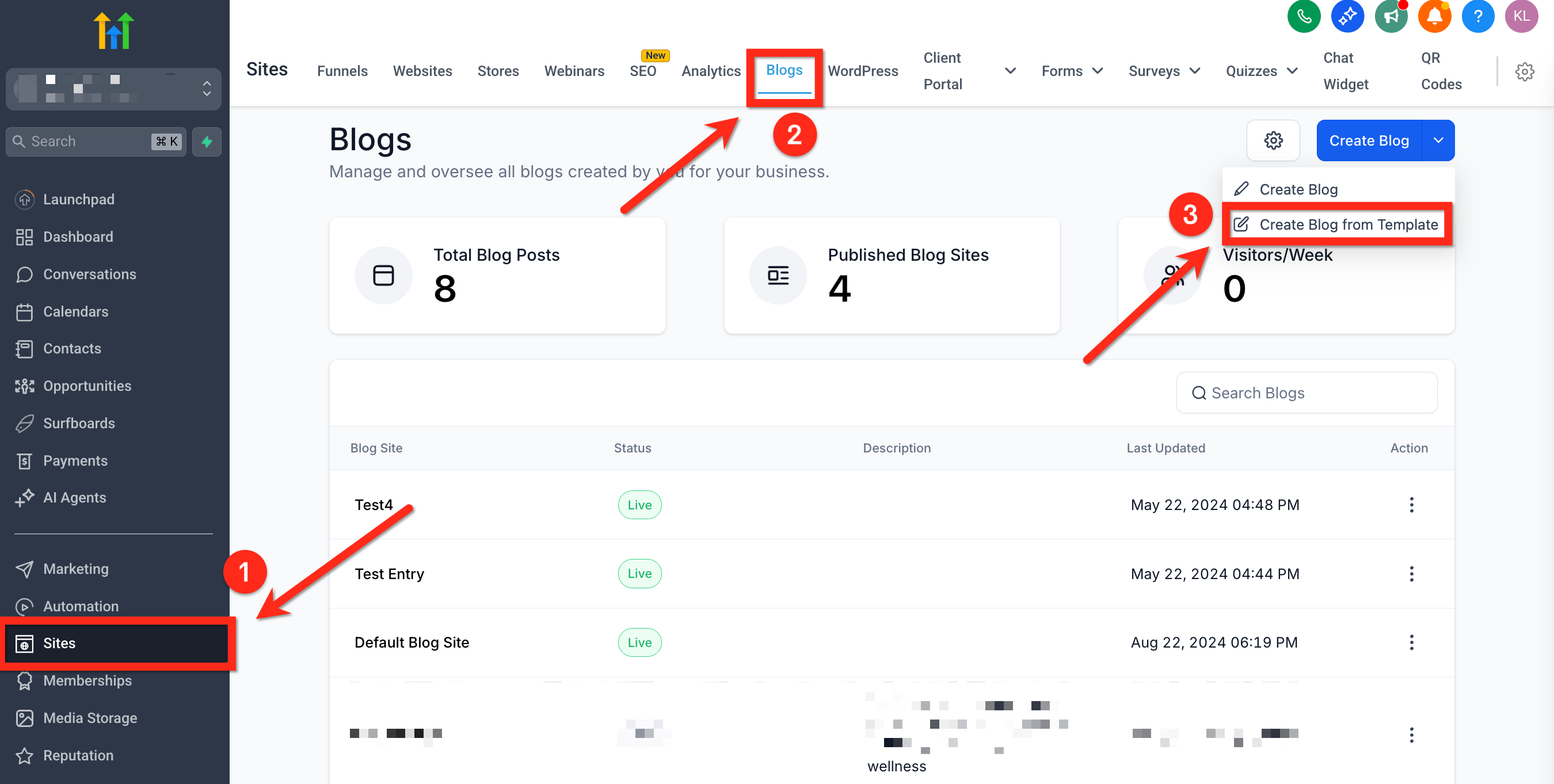 Interfaccia della Libreria di Template Blog in GoHighLevel / Squadd