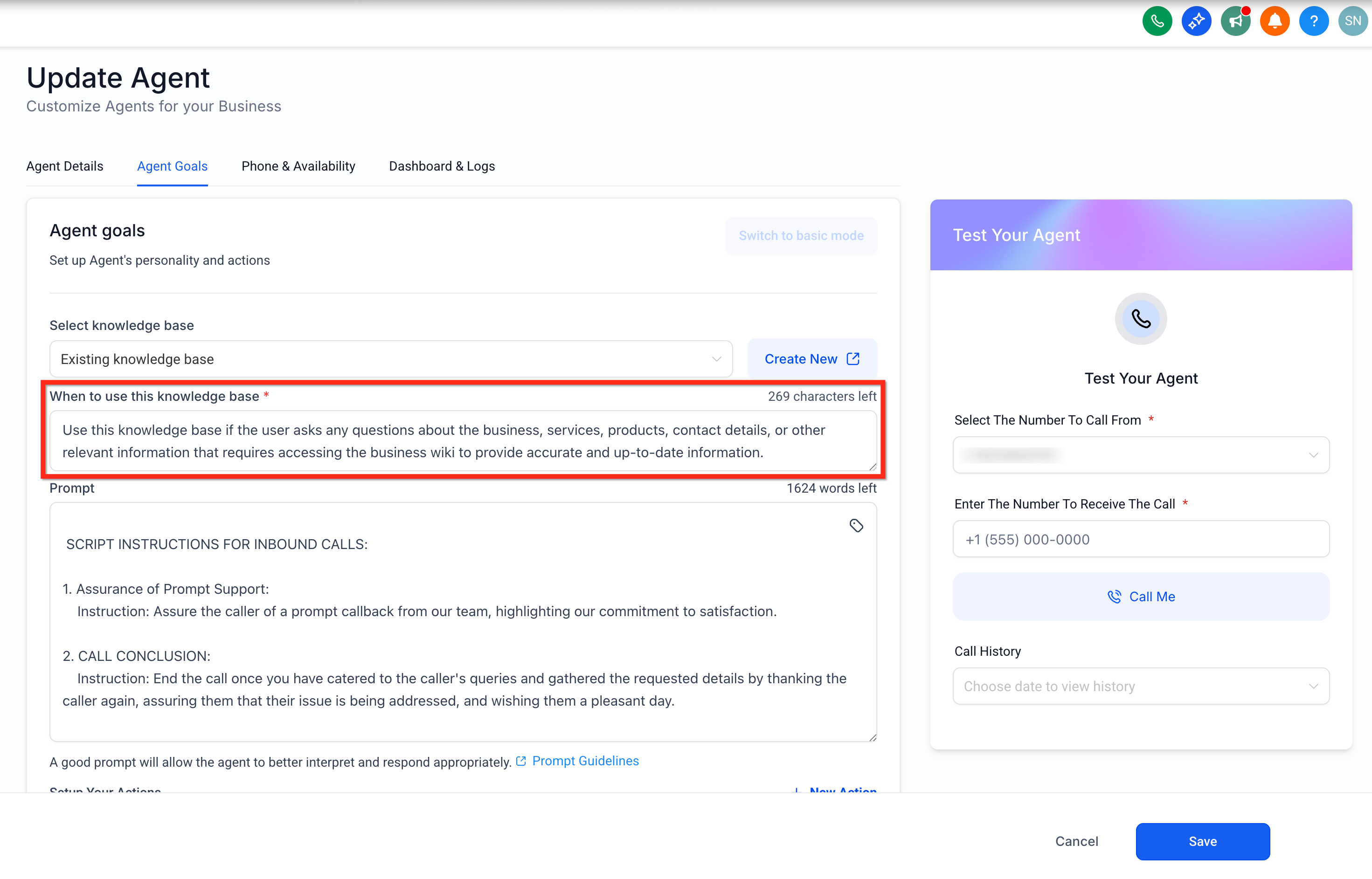 Campo prompt di attivazione della knowledge base