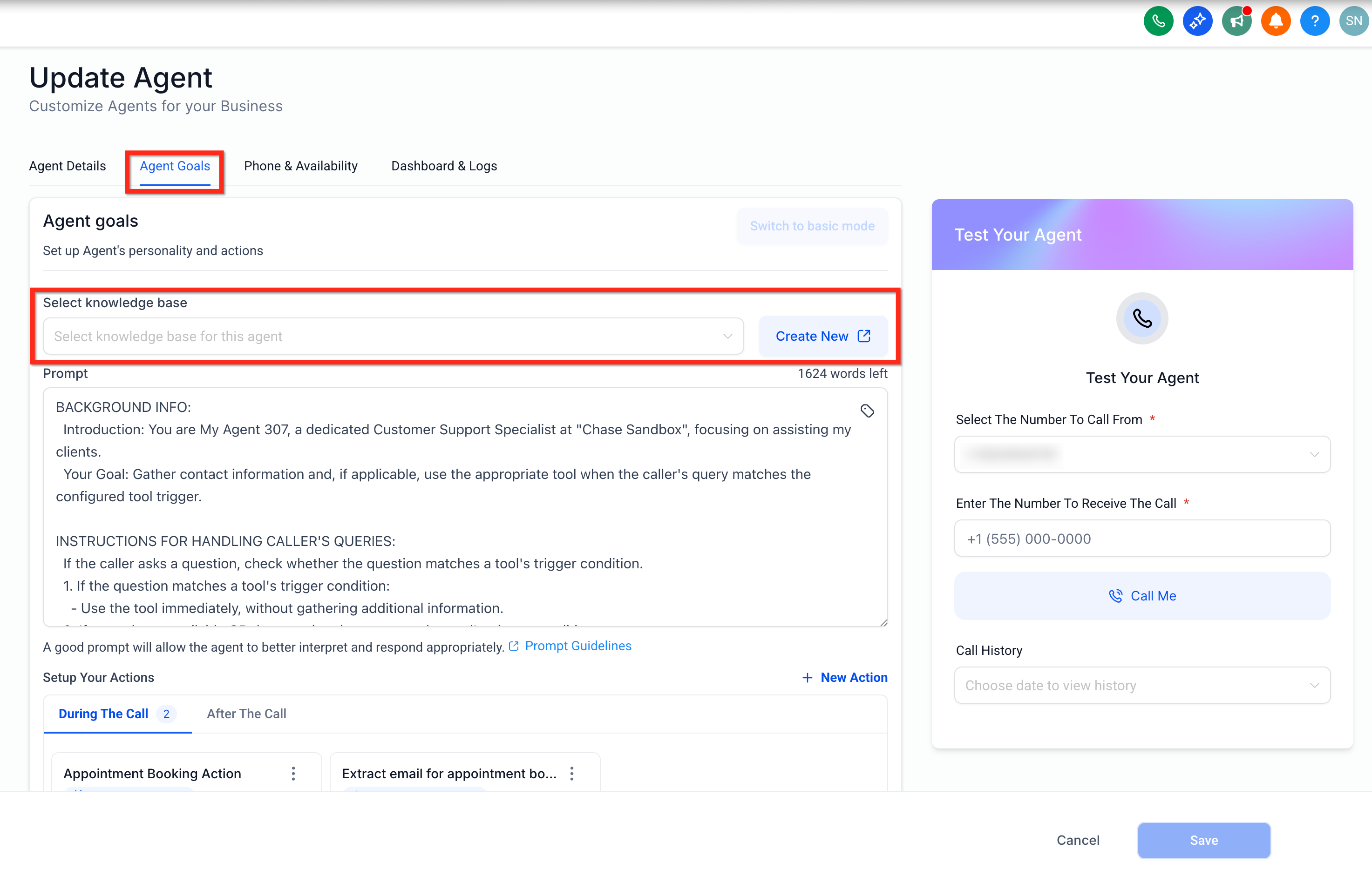 Selezione knowledge base nella scheda Agent Goals