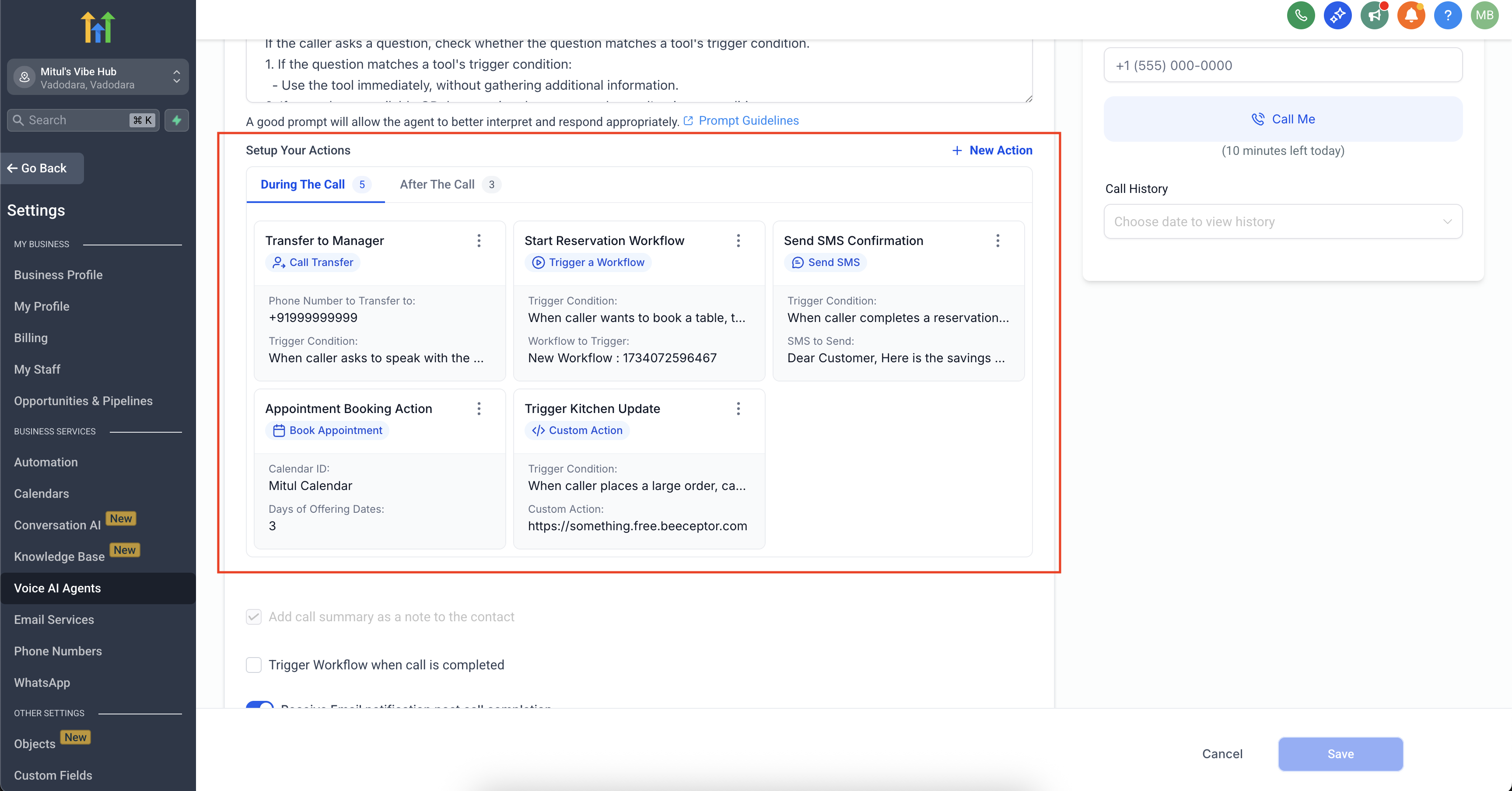 Interfaccia a card dell'Action Builder