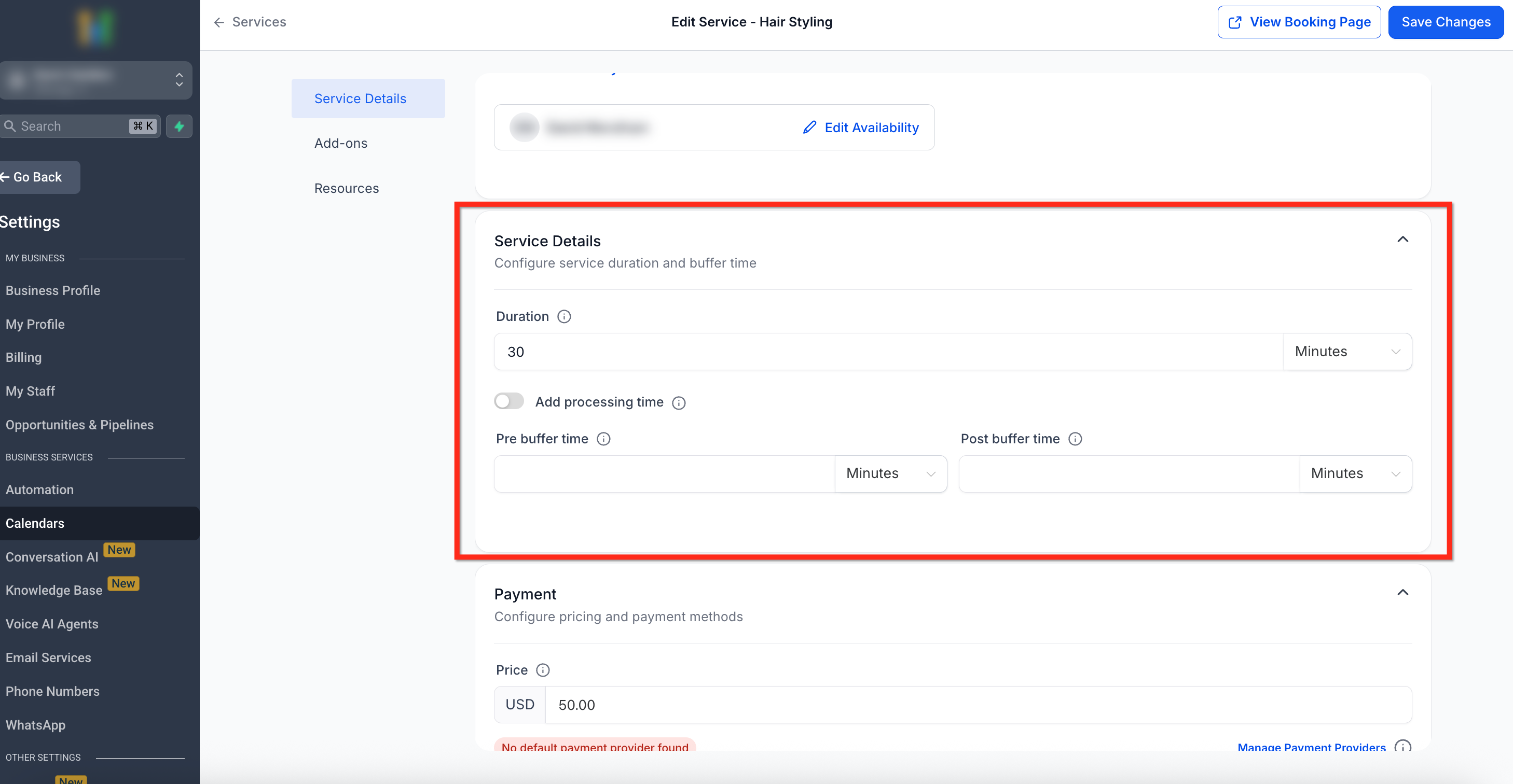 Configurazione durata, tempo di elaborazione e buffer
