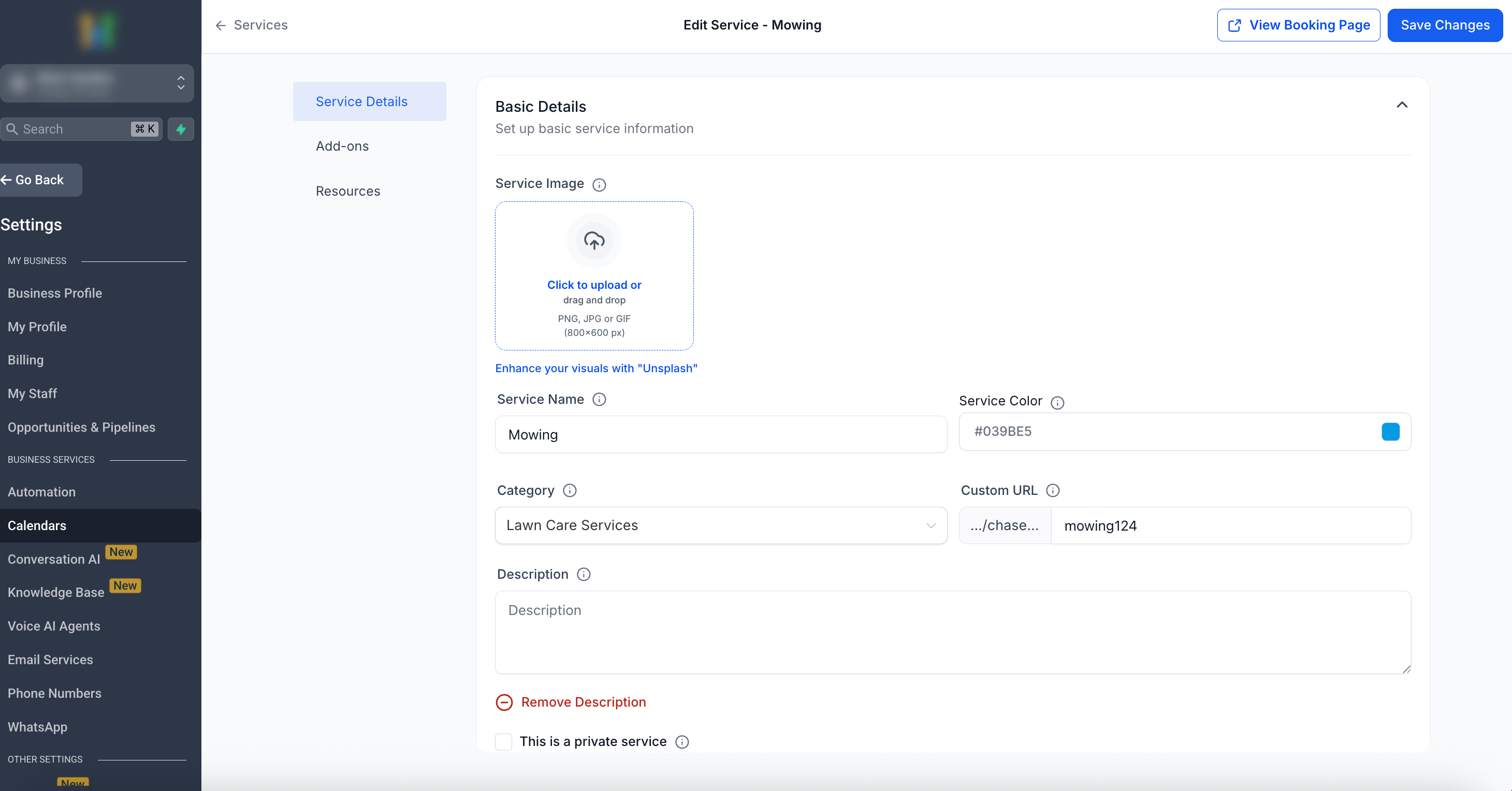 Editor del servizio con schede Add-on e Risorse