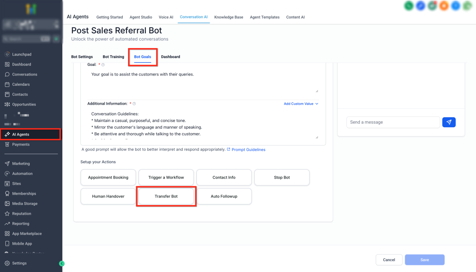 Sezione Setup your Actions con il pulsante Transfer Bot