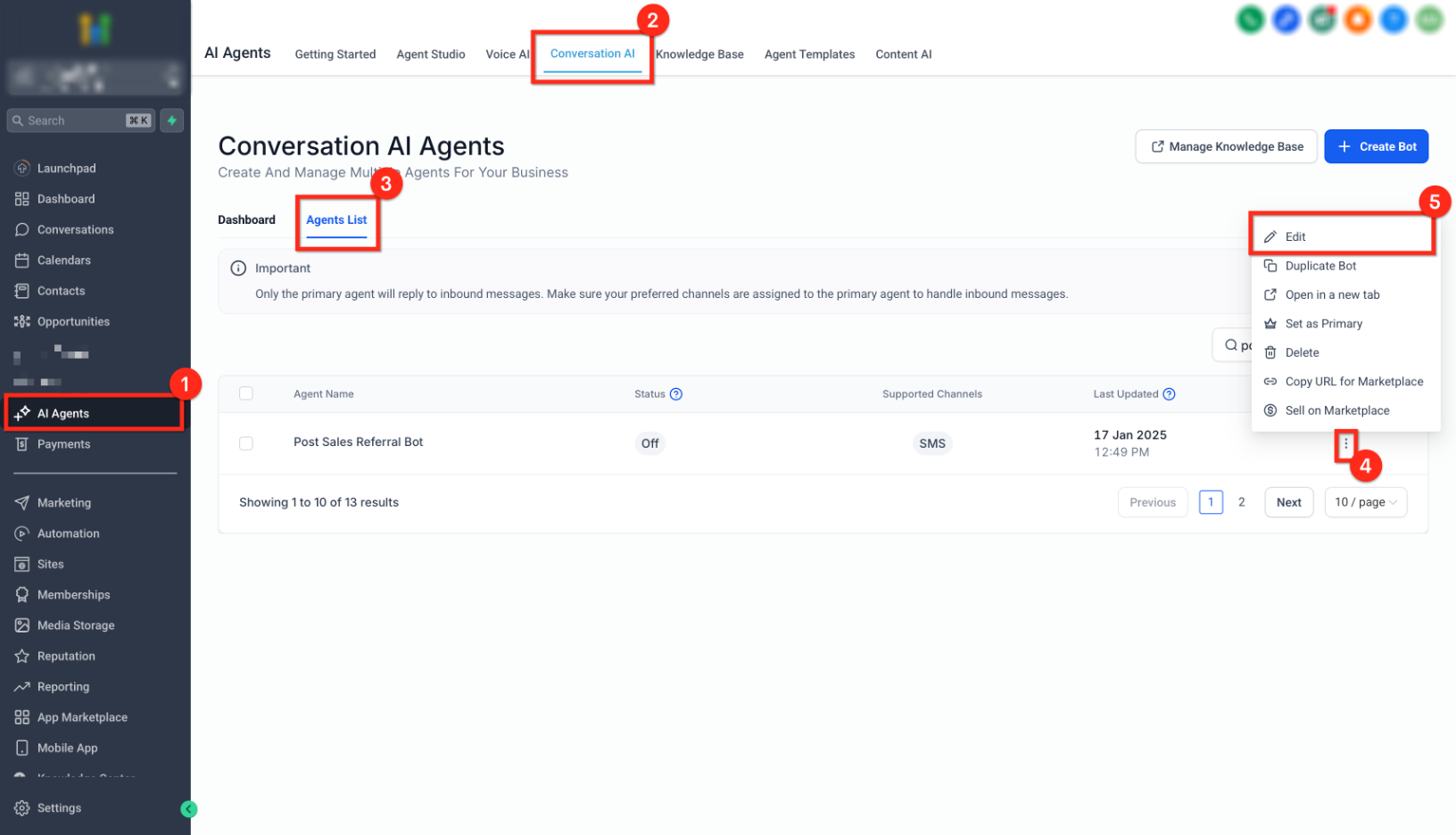 Menu a tre puntini per modificare il bot